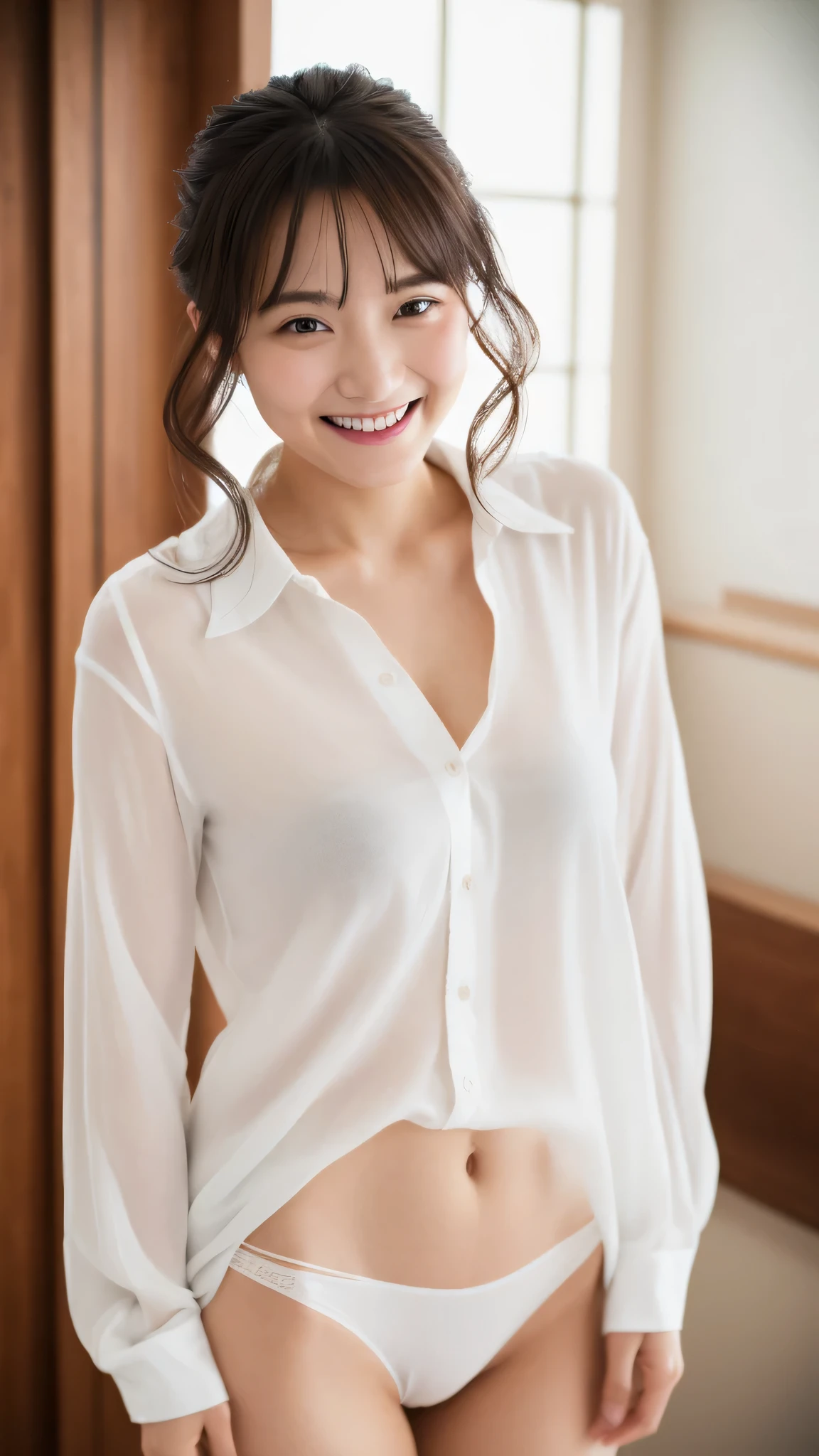 High-ranking women、grinning expression、wearing a white shirt、studio photography、inside the house、one woman、white button shirt、大きなwhite button shirt、various poses、gravure、Only pants underneath、