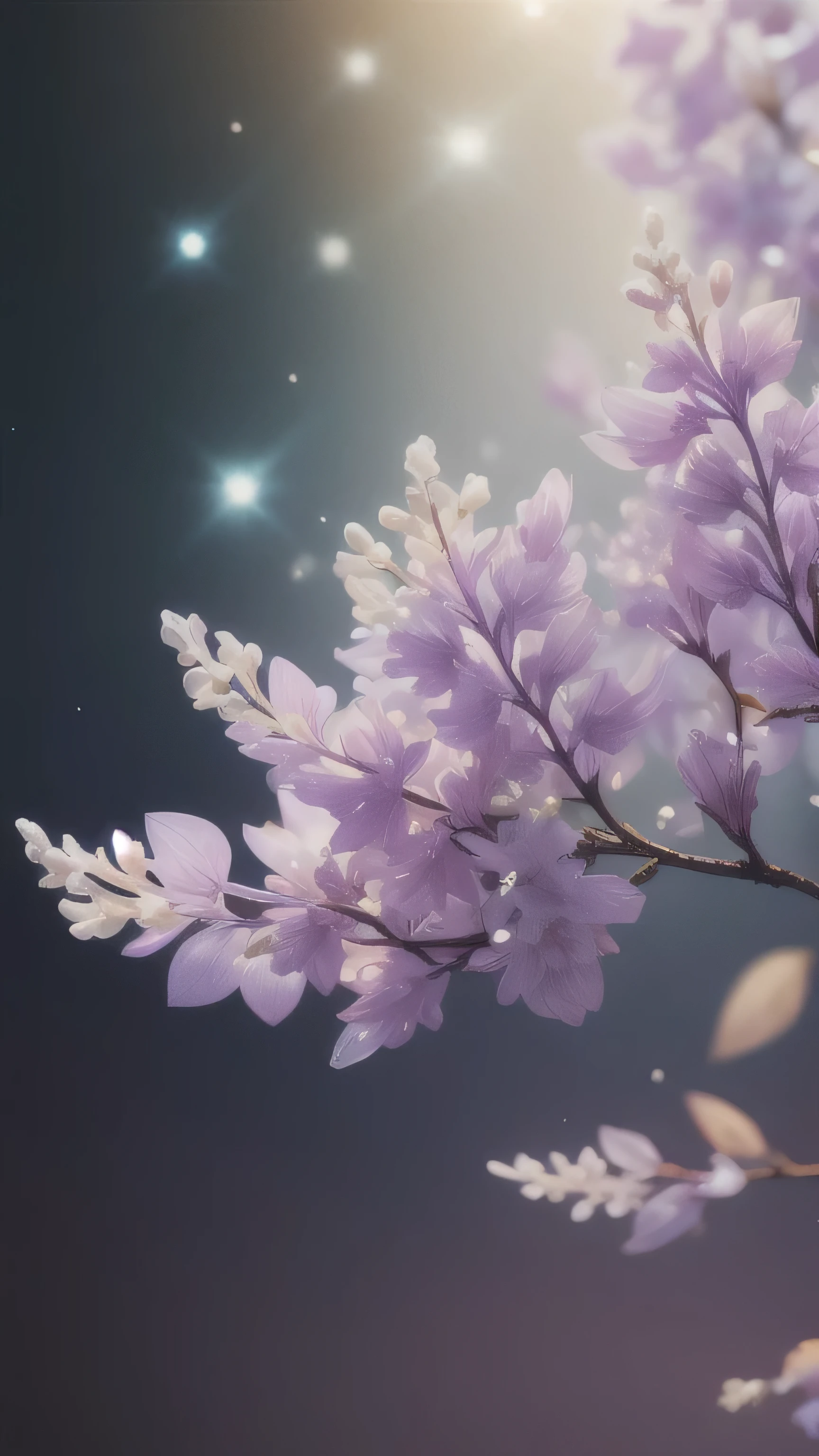 branch of delicate lilac flowers, super transparent, holy light, beautiful spectral light, petals glow, flashing, dark background, drops of transparent light, reflective light, bright, light streaming in, optics, portrait profile, sharp focus, magical, intricate, ultra realistic, fantasy, composition, light, trend on artstation, pearl, patronus cloud of silvery vapor, corrosive enveloping ray family, 8k, ureal ar 23v4 uplight