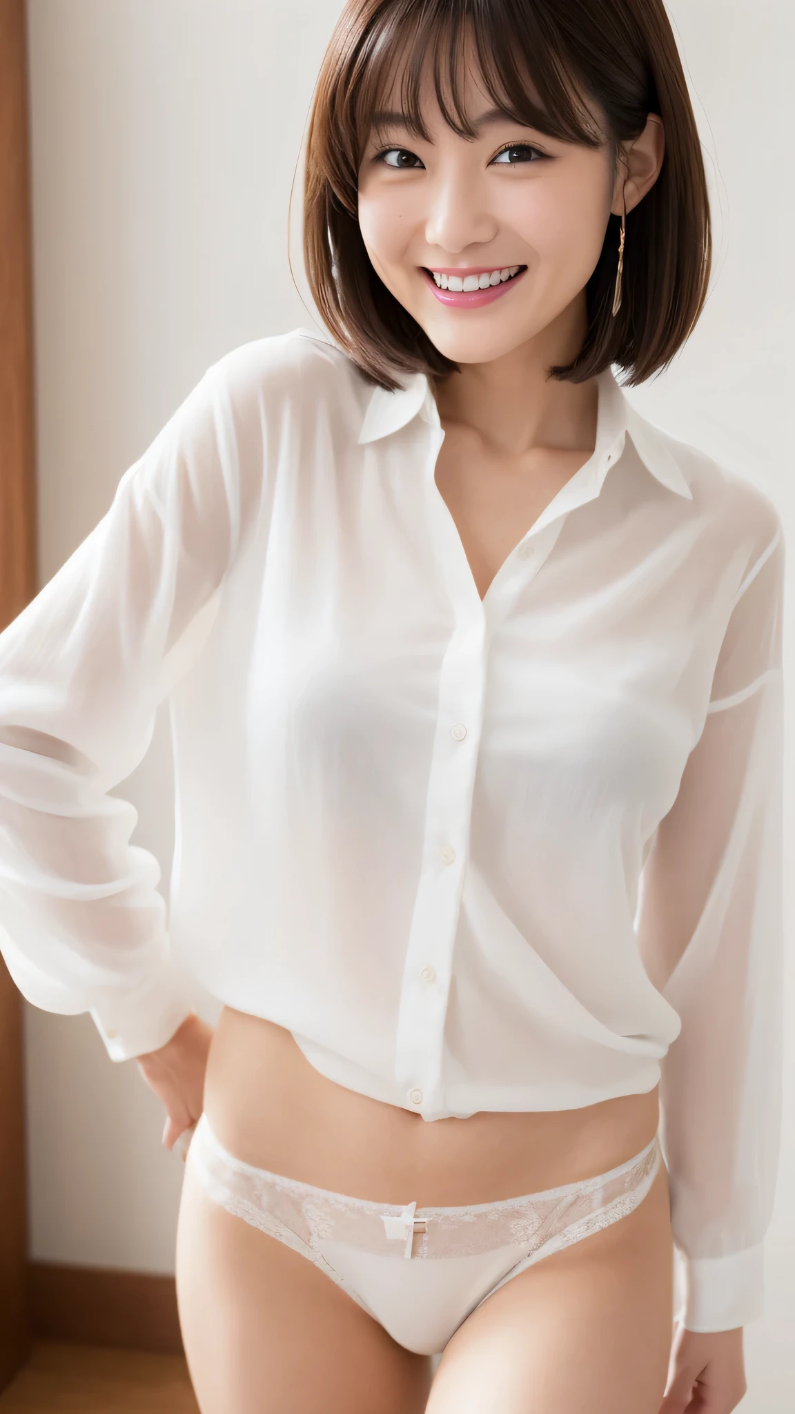 High-ranking women、grinning expression、wearing a white shirt、studio photography、inside the house、one woman、white button shirt、大きなwhite button shirt、various poses、gravure、Only pants underneath、