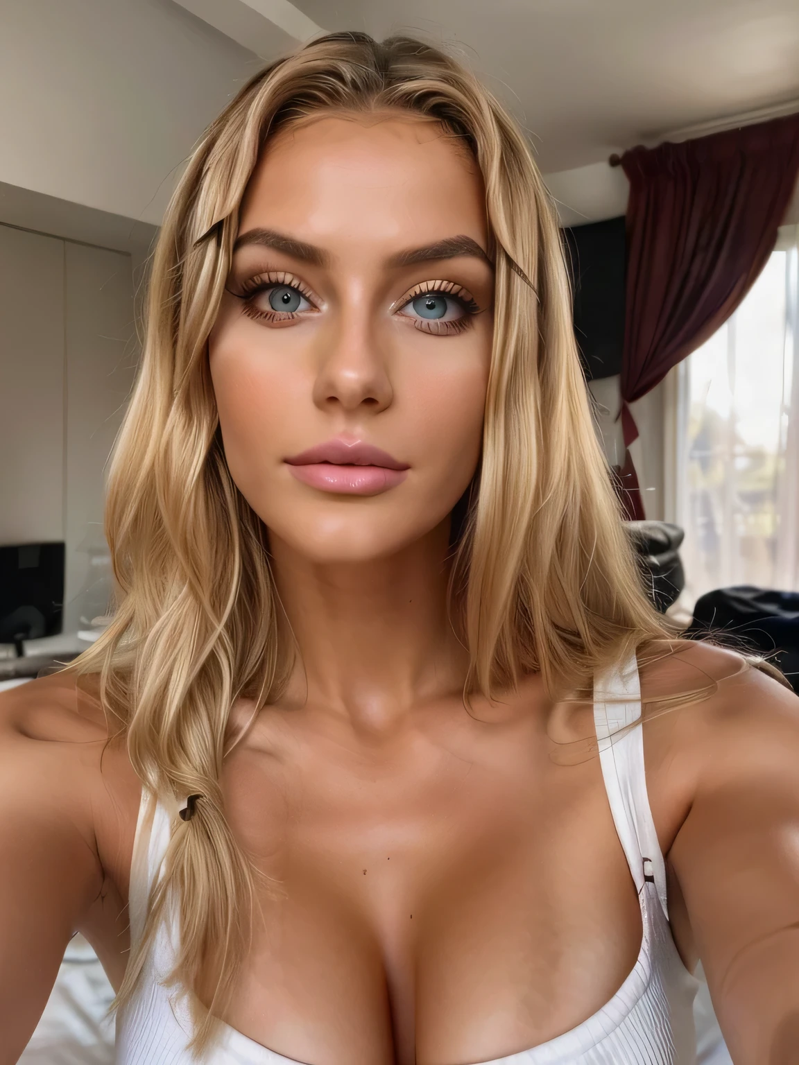 Die kubanische Frau Sandra Malek, lockiges blondes Haar, blondes Haar, Lockige haare, (realistisch:1.5), (Augen Makeup), photorealistisch, Best quality, hyperdetailliert, Pretty woman with natural blonde Lockige haare, opened his eyes, Skin texture with perky 30G breasts, Large , Schlanke Taille, Large ass, Filmkorn, Nahaufnahme, Ultra high resolution, bester Schatten, ROH, Instagram-LUT, 8 TAUSEND, ROH-Foto, (Sehr detaillierte Haut:1.2), Meisterwerk, (ROH-Foto: 1.2), top quality, Pretty detailed girl, Pretty woman, 19 year old girl, Pretty, sie boob, ((Guten Morgen Selfie)), freches selfie, sexy selfie