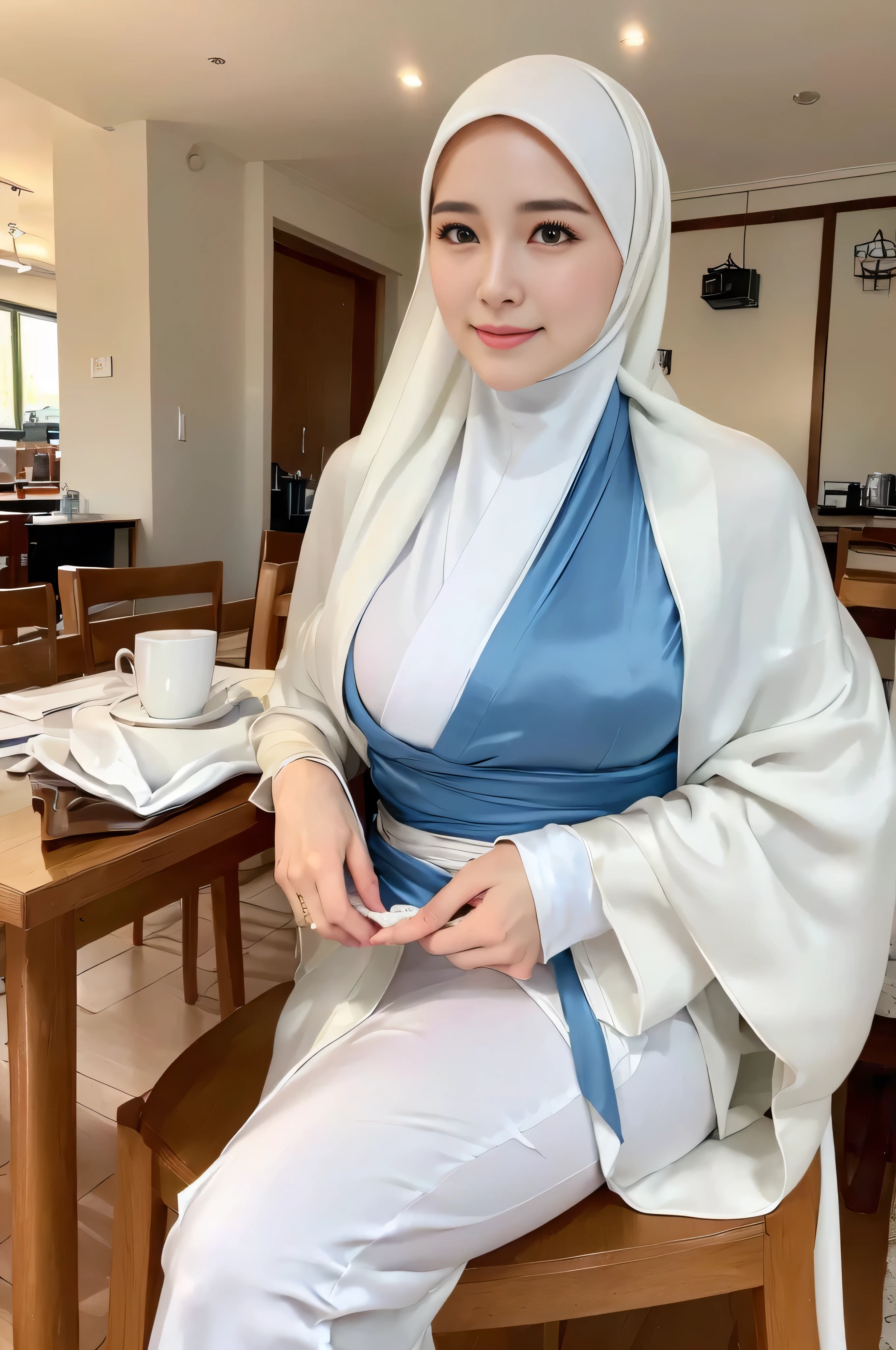 ((Marian rivera)), (8K, best quality:1.2), ((sitting on chair at cafe)), beautiful Smile, seduced smile,  White skin, shiny skin, (( breast:1.5)), (masterpiece:1.37), (photo, photorealistic:1.37), (ultrahigh-res),Full Body, view from back, slow motion, (insanely detailed, bloom:1.5), (highest quality, Alessandro Casagrande, Greg Rutkowski, Sally Mann, concept art, 4k), (analog:1.2), (high sharpness), (detailed pupils:1.1), detailed face and eyes, Masterpiece, best quality, (highly detailed photo:1.1), photographed by Canon EOS R6, 135mm, 1/1250s, f/2.8, ISO 400, Realistic, 8k, ((masterpiece)), looking at the viewer,  (detailed), detailed face, white skin, Glowing Skin,  bright room, ((Wearing tight Silk long kimono with closed hijab)), at cafe, cross legs, high heels