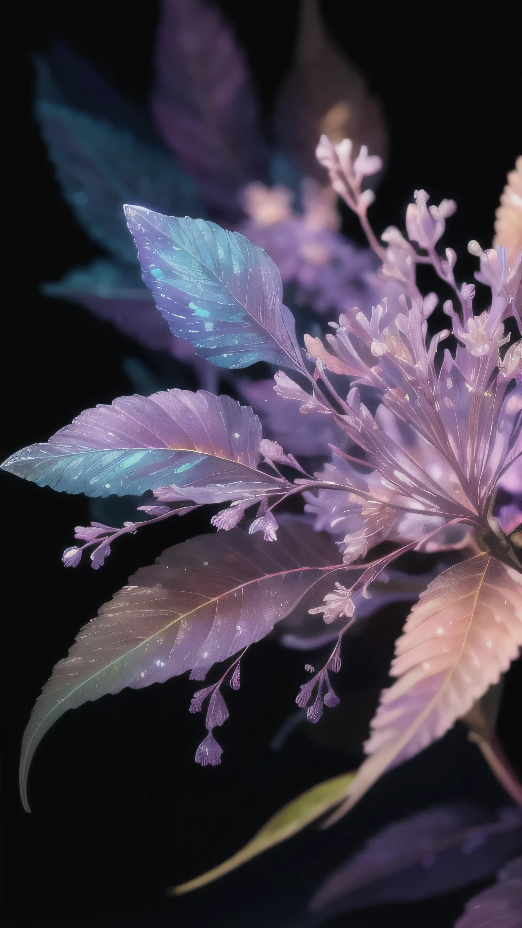 branch of delicate lilac flowers, super transparent, holy light, beautiful spectral light, petals glow, flashing, dark background, drops of transparent light, reflective light, bright, light streaming in, optics, portrait profile, sharp focus, magical, intricate, ultra realistic, fantasy, composition, light, trend on artstation, pearl, patronus cloud of silvery vapor, corrosive enveloping ray family, 8k, ureal ar 23v4 uplight