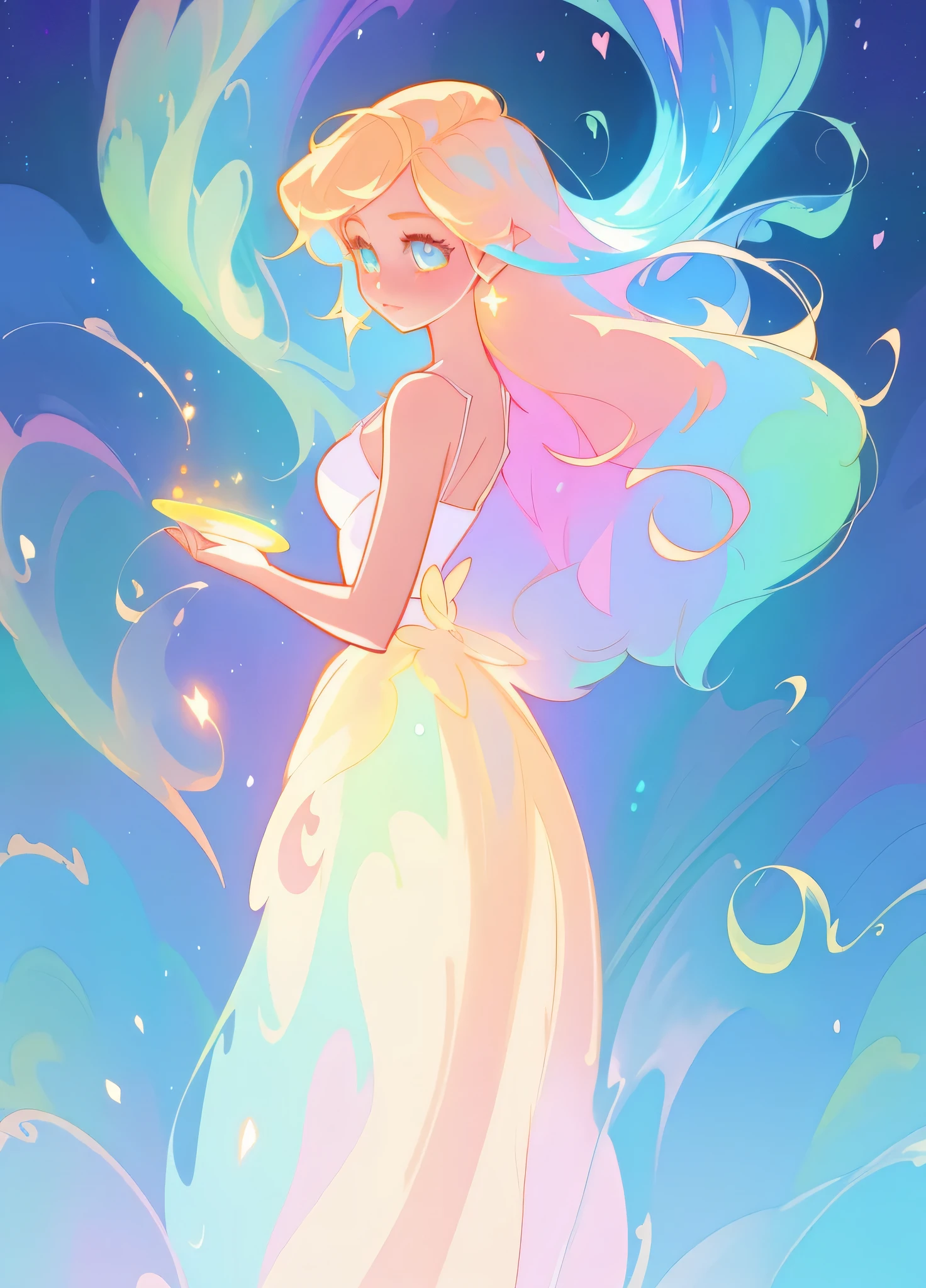 beautiful girl, puffy white layered ballgown, vibrant pastel colors, (colorful), long colorful liquid hair, magical lights, sparkling magical liquid, inspired by Glen Keane, inspired by Lois van Baarle, disney art style, by Lois van Baarle, glowing aura around her, by Glen Keane, jen bartel, glowing lights! digital painting, flowing glowing golden hair, glowing golden flowing hair, blonde hair, yellow hair, beautiful digital illustration, fantasia background, whimsical, magical, fantasy, ((masterpiece, best quality)), intricate details, highly detailed, sharp focus, 8k resolution, sparkling detailed eyes, liquid watercolor