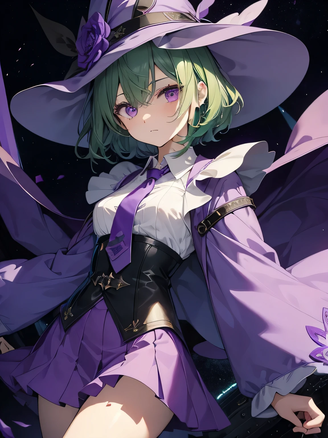 highest quality、very delicate and beautiful、(teenage girl)、purple eyes、green hair、short haired、(Purple Witch Hat)、purple tie、I、short sleeve、purple skirt、tactical vest,purple wizard's robe、belly button、standing、facing the front、expression of hatred、dark background、Eye mark only