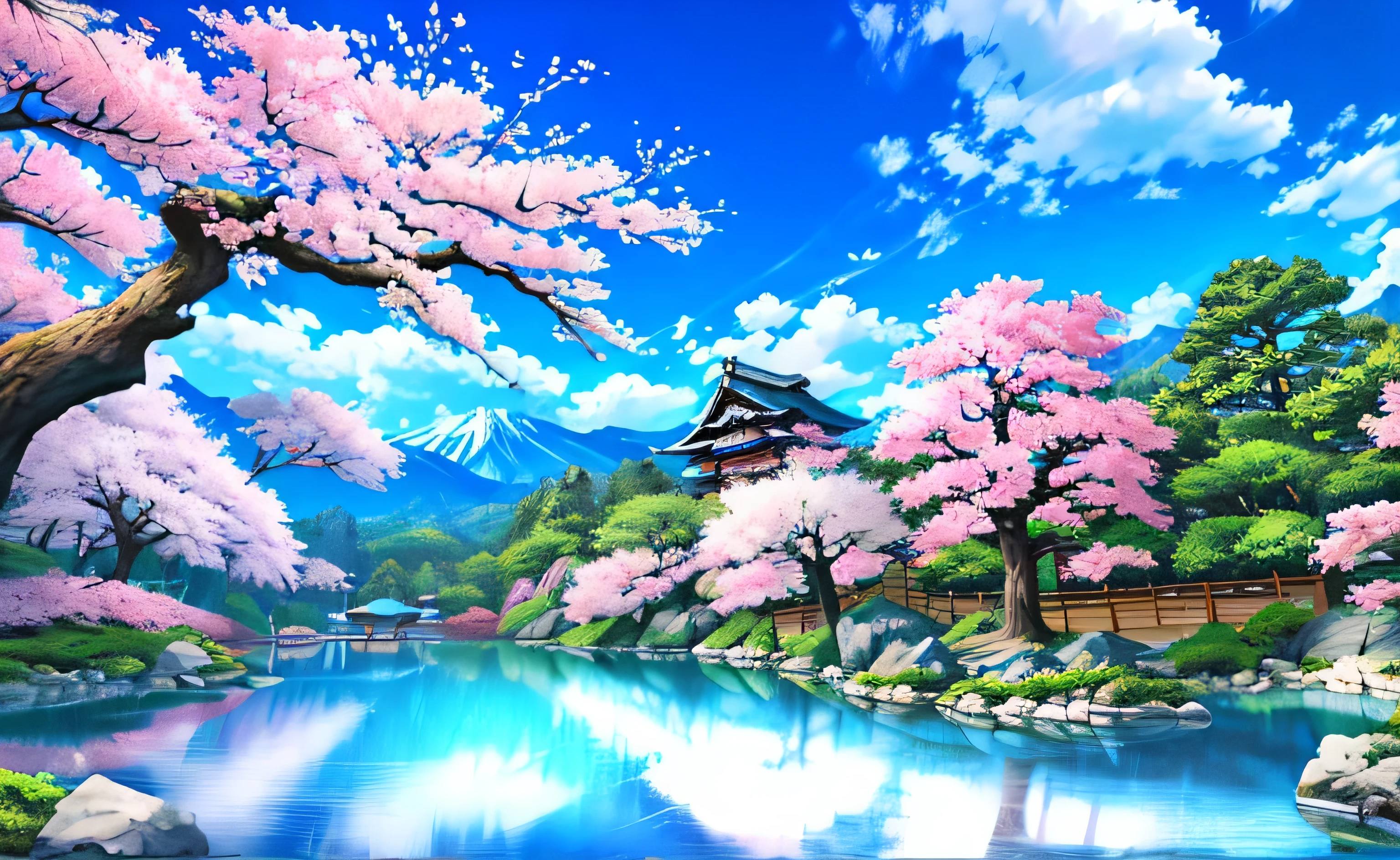 masterpiece, 最high quality, high quality,very detailed、blue sky、landscape、cherry blossoms、Japanese garden、genuine、Super detailed、