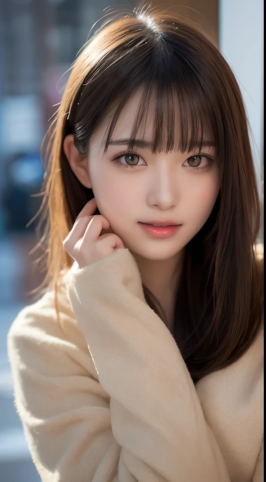 table top, highest quality, shape, Super detailed, finely, High resolution, 8k wallpaper, 完璧なダイナミックな構shape, beautiful and detailed eyes, medium hair, small breasts, natural color lip, random sexy pose,smile,big city、20 year old girl、midnight、Beautiful and dense face、perfect and beautiful face,Big eyes、Raw photo、Spread your arms and legs wide、Expressing feminine poses with your whole body、beautiful and detailed eyes、small face、beautiful duplex、slim face and style,luxury brand mink coat(inside:winter dress)、beautiful golden ratio face、blur background