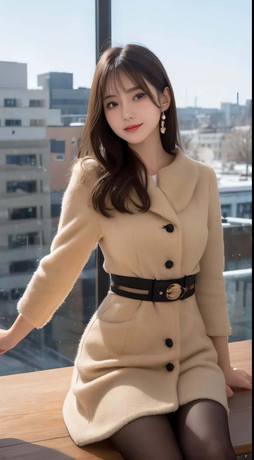 table top, highest quality, shape, Super detailed, finely, High resolution, 8k wallpaper, 完璧なダイナミックな構shape, beautiful and detailed eyes, medium hair, small breasts, natural color lip, random sexy pose,smile,big city、20 year old girl、midnight、Beautiful and dense face、perfect and beautiful face,Big eyes、Raw photo、Spread your arms and legs wide、Expressing feminine poses with your whole body、beautiful and detailed eyes、small face、beautiful duplex、slim face and style,luxury brand mink coat(inside:winter dress)、beautiful golden ratio face、blur background