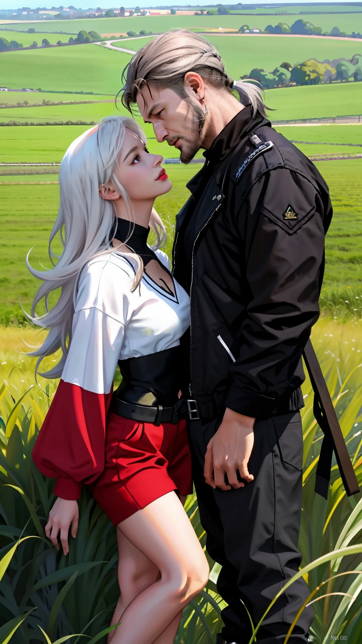 There's a muscular man with short hair and black beards without a shirt and a woman with long white hair next to each other looking at each other in a field, ! movie scene, inspired by Allan Linder, imvu, secondlife, tumblr, full body close-up, by Brigette Barrager, inspired by Kurt Roesch, full body shot closeup, close up half body shot, olivia, cgsocietywlop (8k) realistic, realistic,