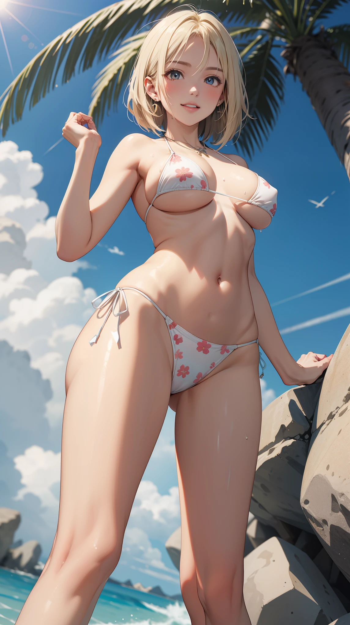 angle from below:1.2,8K Wallpaper, masterpiece, best quality, illustration, perfect anatomy,looking at viewer,1 woman, solo, 20 yo, cowboy shot, Blonde Bob Cut,Aqours eyes,BREAK((White micro bikini with floral pattern),(high-leg cut bikini:1.2)),wet body:1.4, necklace、earrings,large breasts,cleavage:1.1,underboob:1.3,(grin:0.5), (happy:0.9),BREAK(standing pose,open legs),The background is the sea_blue sky and clouds,Palm tree,boulders,bright sun,camel toe:1.4,boke