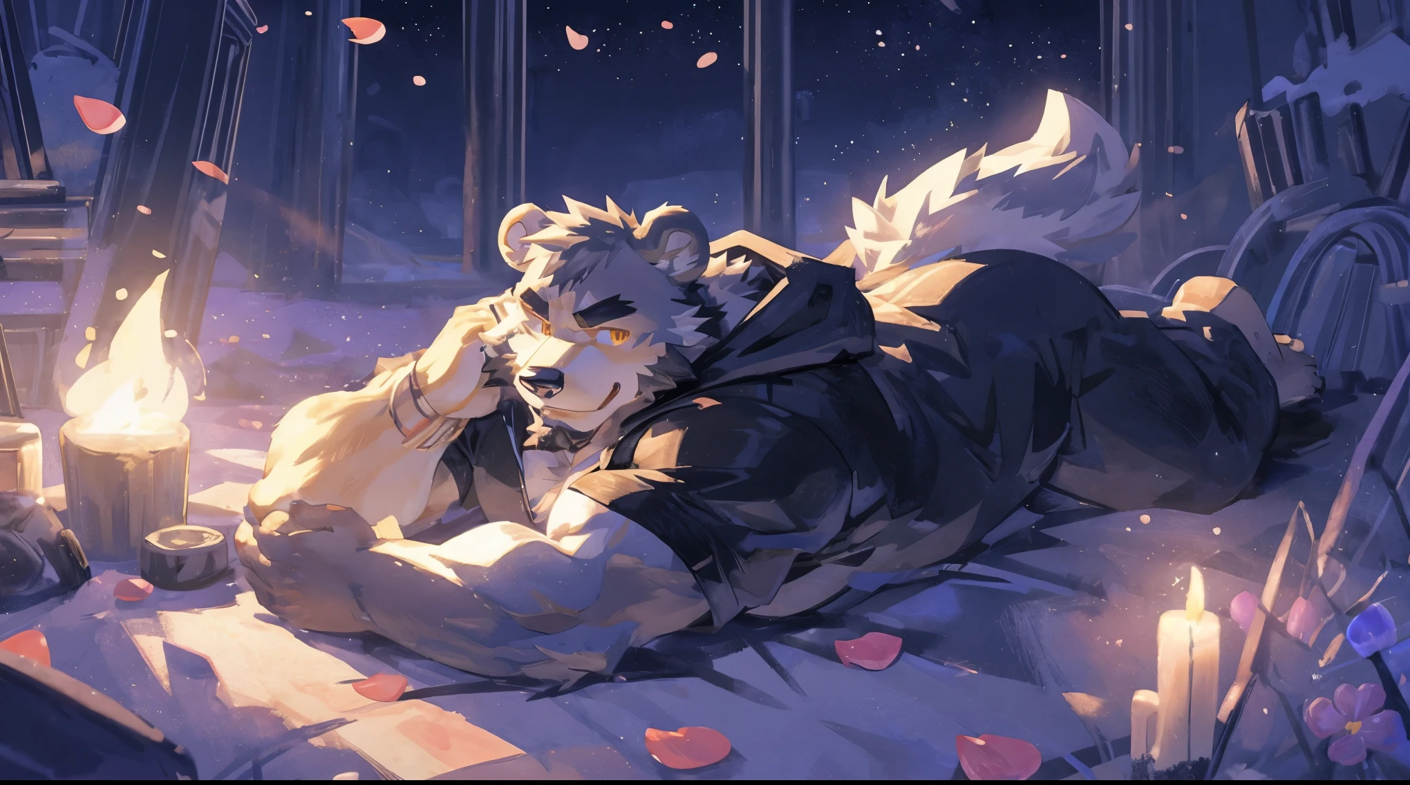 (masterpiece:1.2), best quality,pixiv,official art,(Ray tracing, light), (flower petal in the sky :1.3), (1_male:1.3), (solo:1.2) , portrait , (muscle), (gray fur:1.4), (muscle bear), (bear tail), (beard:1.2), (gleaming golden eyes), Thick eyebrows, open hoodie, naked inside, close eyes, Flower field, lying down, dead in peace