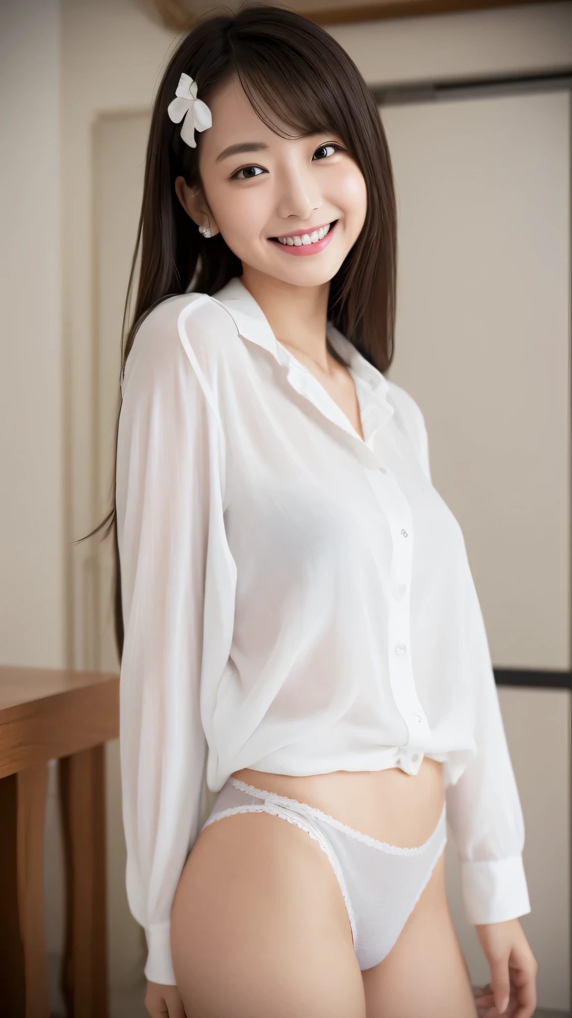 High-ranking women、grinning expression、wearing a white shirt、studio photography、inside the house、one woman、white button shirt、大きなwhite button shirt、various poses、gravure、Only sexy gray panties underneath、shot from the side、