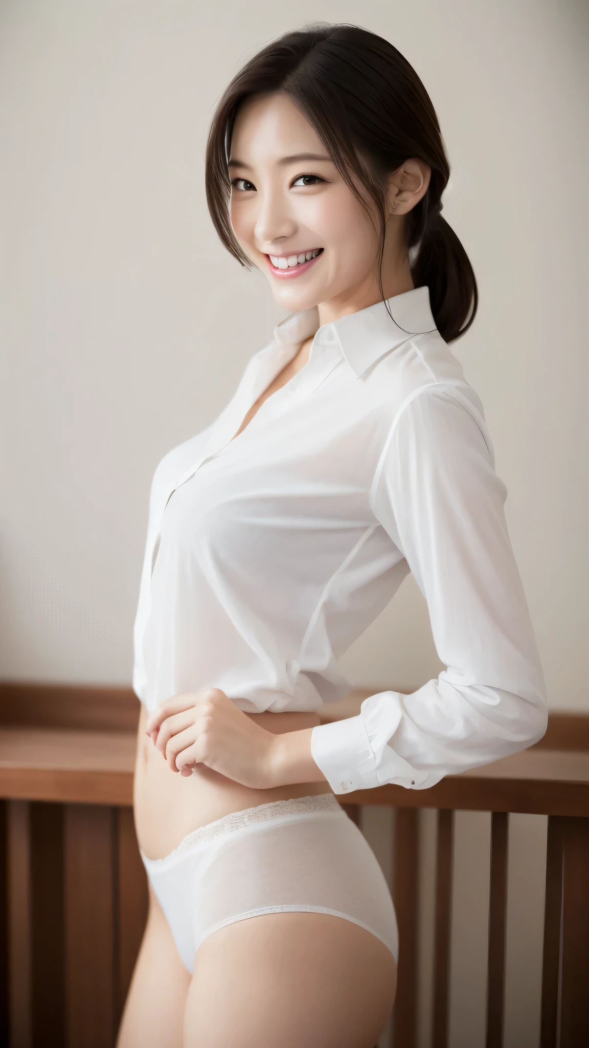 High-ranking women、grinning expression、wearing a white shirt、studio photography、inside the house、one woman、white button shirt、大きなwhite button shirt、various poses、gravure、Only sexy gray panties underneath、shot from the side、