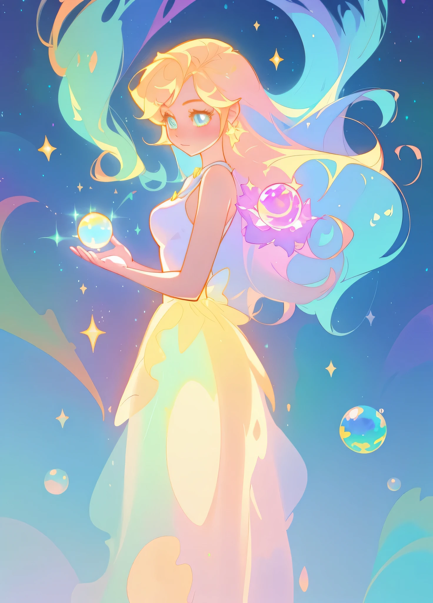 beautiful girl, puffy white layered ballgown, vibrant pastel colors, (colorful), long colorful liquid hair, magical lights, sparkling magical liquid, inspired by Glen Keane, inspired by Lois van Baarle, disney art style, by Lois van Baarle, glowing aura around her, by Glen Keane, jen bartel, glowing lights! digital painting, flowing glowing golden hair, glowing golden flowing hair, blonde hair, yellow hair, beautiful digital illustration, fantasia background, whimsical, magical, fantasy, ((masterpiece, best quality)), intricate details, highly detailed, sharp focus, 8k resolution, sparkling detailed eyes, liquid watercolor, holding a magic orb, crystal ball in her hand
