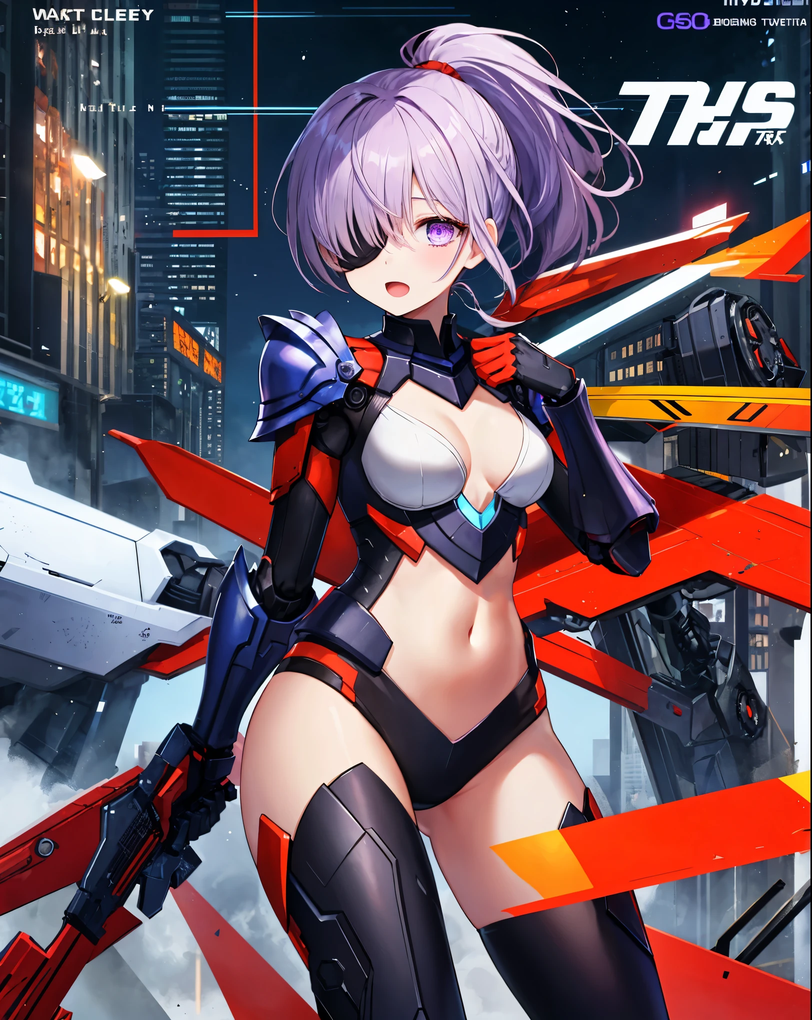 ,1girl,(teen:1.5), (short_ponytail:1.3), (light_whitish_purple_hair:1.3),black_mechanical_armor,white_breasts_parts_red_black_body_suit,bare_shoulder,bare_slender_thighs,medium_breasts,city_background,Stinging_eyes,sleepy,thighhigh_greaves,gauntlets,dynamic_posing,bare_frank,metal_red_parts_armor,red_eye,solo,
fists,hold_weapon,glare,navel,large_mechanical_parts,happy,waist_armor,open_mouth,rise_legs,apart_legs, (covered_navel:1.3),(very_long_bangs:1.3), (hair_over_one_eye:1.5),(long_bang_covers_right_half_of_face:1.5),
(covered_pussy:1.1),covered_breasts,fighting,