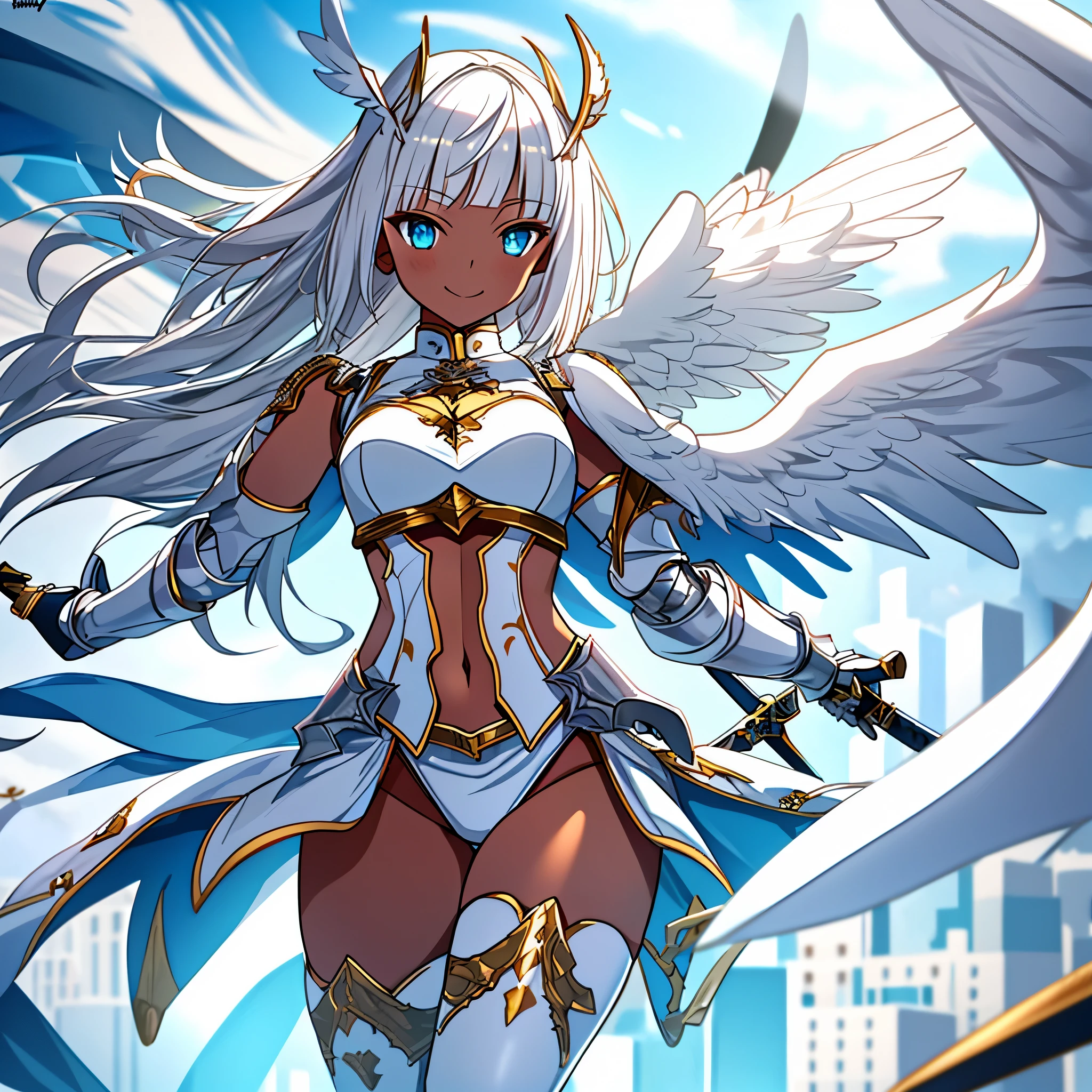 fantasy, 1angel_girl, low_teen, white_medium_bob_hair,long_bangs, (dark_skin)+, bare_shoulder, navel out, thighhighs,silver_shiny_armor, white_clothes,waist_armor, Glebe, hold_shiny_swords, medium_breasts,, dynamic_pose_fighting,Floating, (1pair_white_wings,pelvic_curtain)++, Headgear ,city_sky_background,,slightly_spread_legs, light_smile,multiple_shiny_swords_floating_around_the_girl