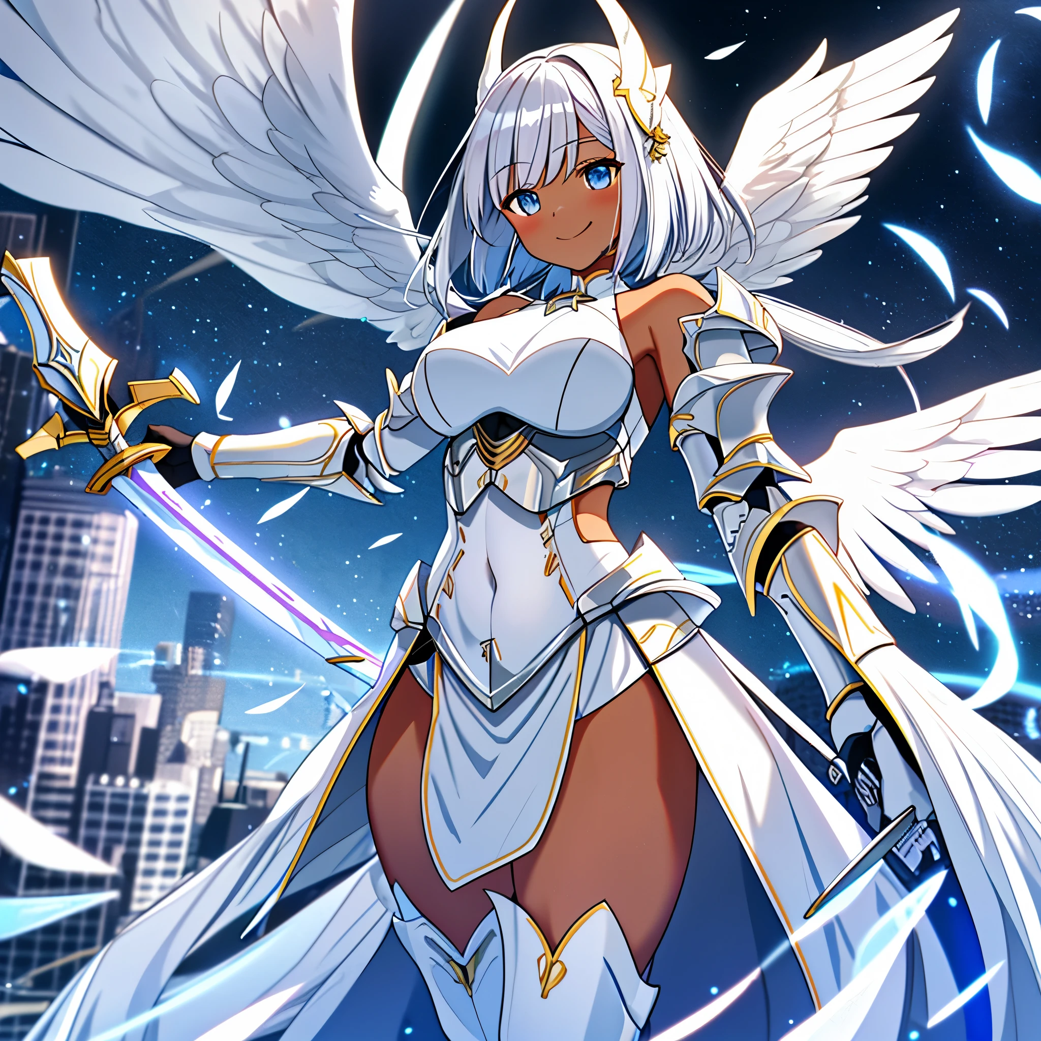 fantasy, 1angel_girl, low_teen, white_medium_bob_hair,long_bangs, (dark_skin)+, bare_shoulder, navel out, thighhighs,silver_shiny_armor, white_clothes,waist_armor, Glebe, hold_shiny_swords, medium_breasts,, dynamic_pose_fighting,Floating, (1pair_white_wings,pelvic_curtain)++, Headgear ,city_sky_background,,slightly_spread_legs, light_smile,multiple_shiny_swords_floating_around_the_girl