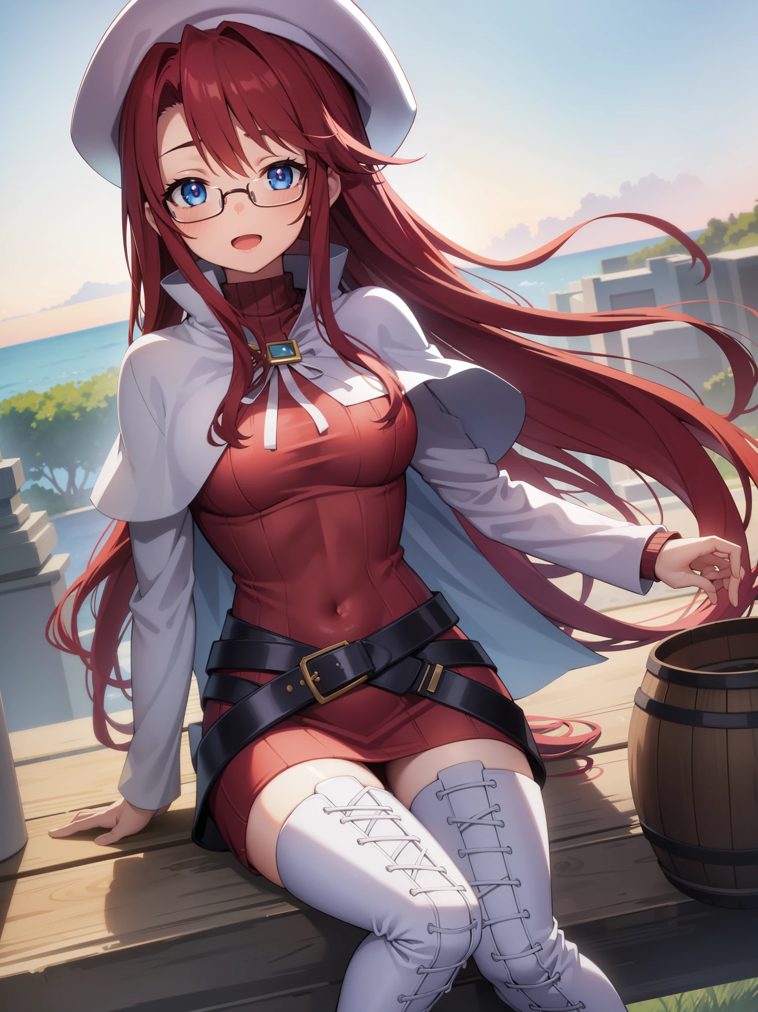 summonnightaty, aty, long hair, blue eyes, red hair, beret, hat, glasses,
BREAK long hair, thighhighs, hat, dress, boots, glasses, belt, cape, sweater, zettai ryouiki, beret, thigh boots, white footwear, ribbed sweater, loose belt,solo,
BREAK outdoors, fantasy_town,
BREAK (masterpiece:1.2), best quality, high resolution, unity 8k wallpaper, (illustration:0.8), (beautiful detailed eyes:1.6), extremely detailed face, perfect lighting, extremely detailed CG, (perfect hands, perfect anatomy),covered_nipples,covered_navel,light_smile ,walking,(half_eyes:1.2),light_open_mouth,sword,armpit,sleepy,sitting_on_the_barrel,barrel,red_sweater,