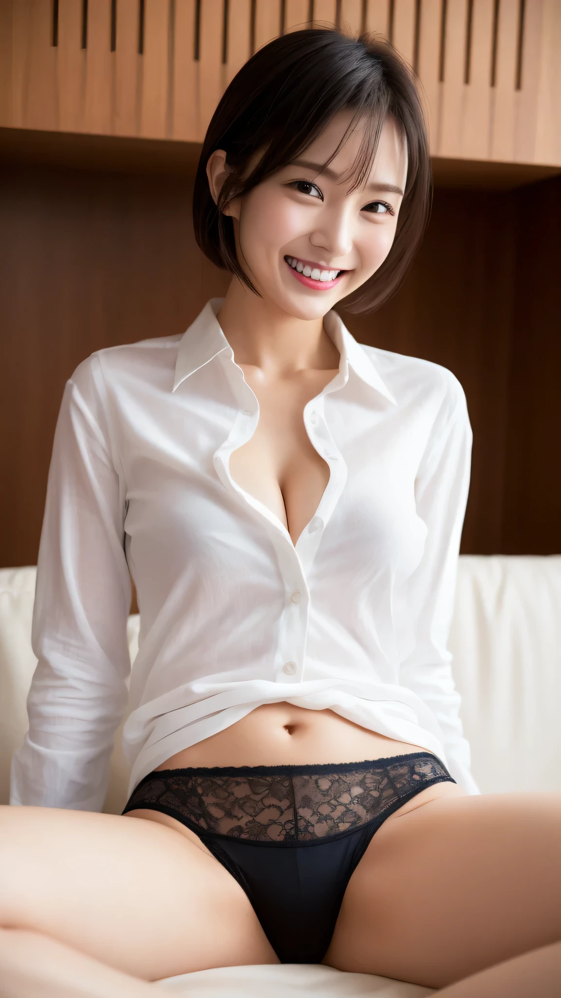 High-ranking women、grinning expression、wearing a white shirt、studio photography、inside the house、one woman、white button shirt、大きなwhite button shirt、various poses、gravure、Only sexy black panties underneath、