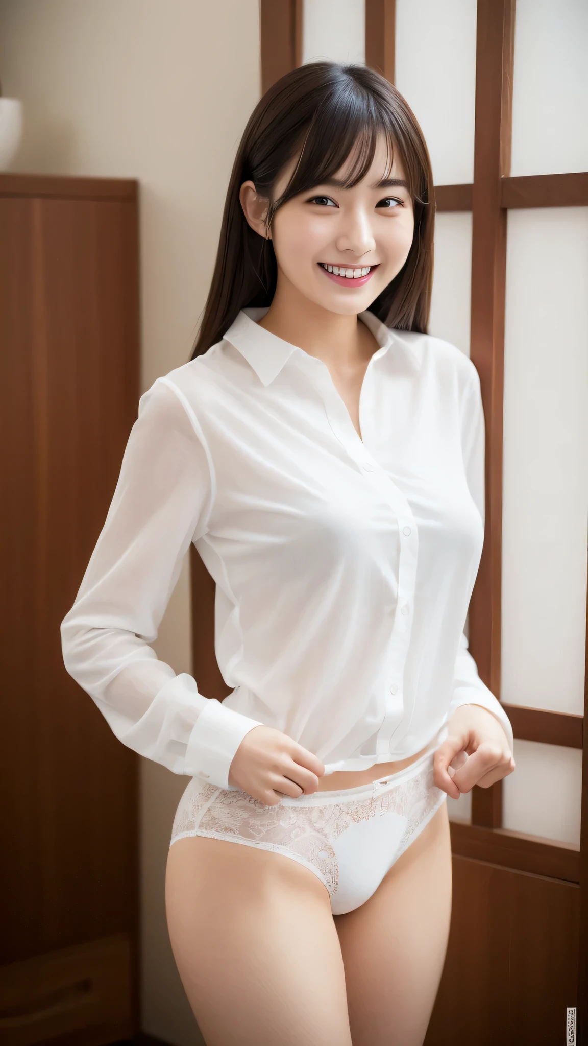 High-ranking women、grinning expression、wearing a white shirt、studio photography、inside the house、one woman、white button shirt、大きなwhite button shirt、various poses、gravure、Only sexy black panties underneath、