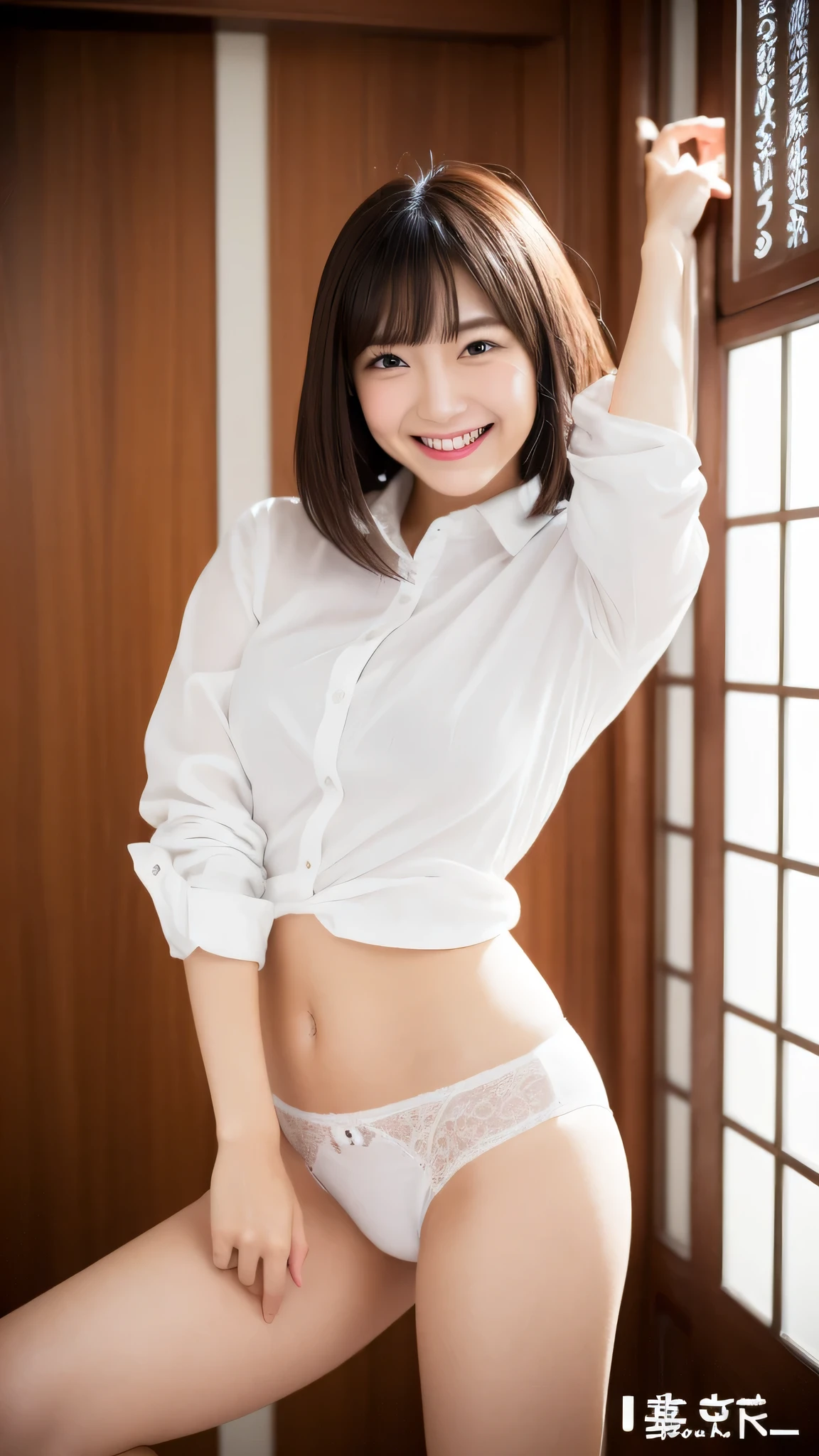 High-ranking women、grinning expression、wearing a white shirt、studio photography、inside the house、one woman、white button shirt、大きなwhite button shirt、various poses、gravure、Only sexy black panties underneath、