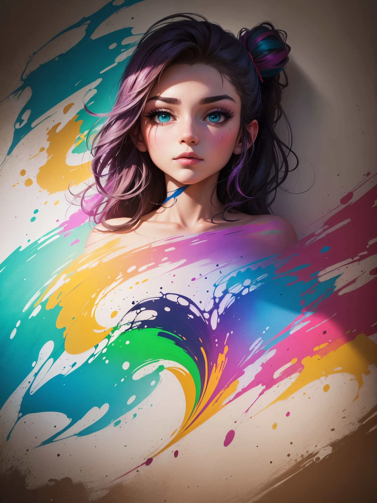 (steps: 1.8), (paint hits and splatters on canvas), (depth of field), one girl's profile blends in, ((profile)), opens mouth, (liquid paint rainbow hair: 1.1), paint and gravity-defying, thick fluid, (paint splatter: 1.3), liquid state, stunningly beautiful, masterpiece, detailed background, super high quality model, graceful background, abstract beauty Explosive Volume, Oil Painting, Heavy Stroke, Romantic Lighting, Sub-Surface Scattering, Lens 135mm, F1.8, Glow, 8K, High Resolution, Dreamy, Ray Tracing, HDR, God Ray, Profile