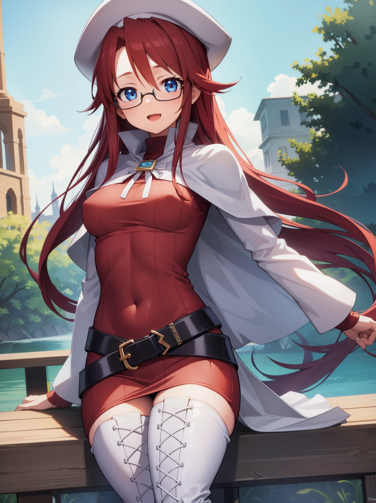 summonnightaty, aty, long hair, blue eyes, red hair, beret, hat, glasses,
BREAK long hair, thighhighs, hat, dress, boots, glasses, belt, cape, sweater, zettai ryouiki, beret, thigh boots, white footwear, ribbed sweater, loose belt,solo,
BREAK outdoors, fantasy_town,
BREAK (masterpiece:1.2), best quality, high resolution, unity 8k wallpaper, (illustration:0.8), (beautiful detailed eyes:1.6), extremely detailed face, perfect lighting, extremely detailed CG, (perfect hands, perfect anatomy),covered_nipples,covered_navel,light_smile ,walking,(half_eyes:1.2),light_open_mouth,sword,armpit,sleepy,sitting_on_the_barrel,barrel,red_sweater,