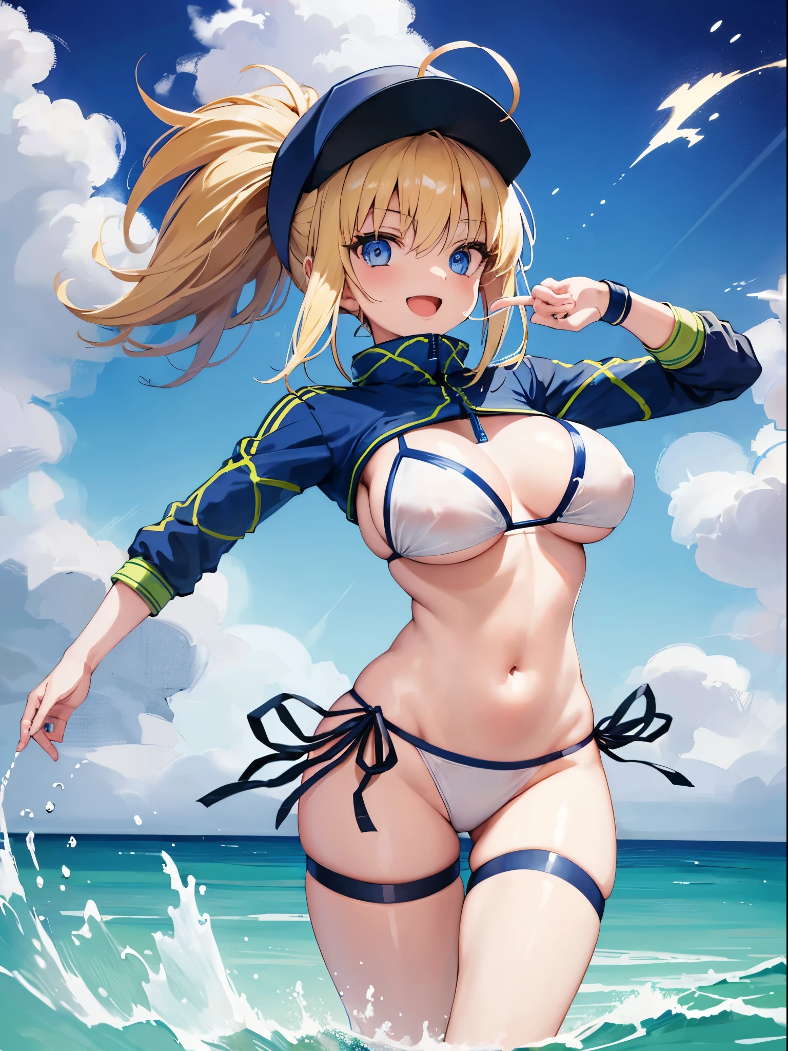 masterpiece,(ultra-detailed),1girl, mysterious heroine xx \(fate\), half_eyes,smile,open mouth, swimsuit, white bikini, side-tie bikini bottom, shrug \(clothing\), jacket, thigh strap, wristband, large_breasts, ocean, splashing,blonde_ponytail,open_legs,cap,happiness,