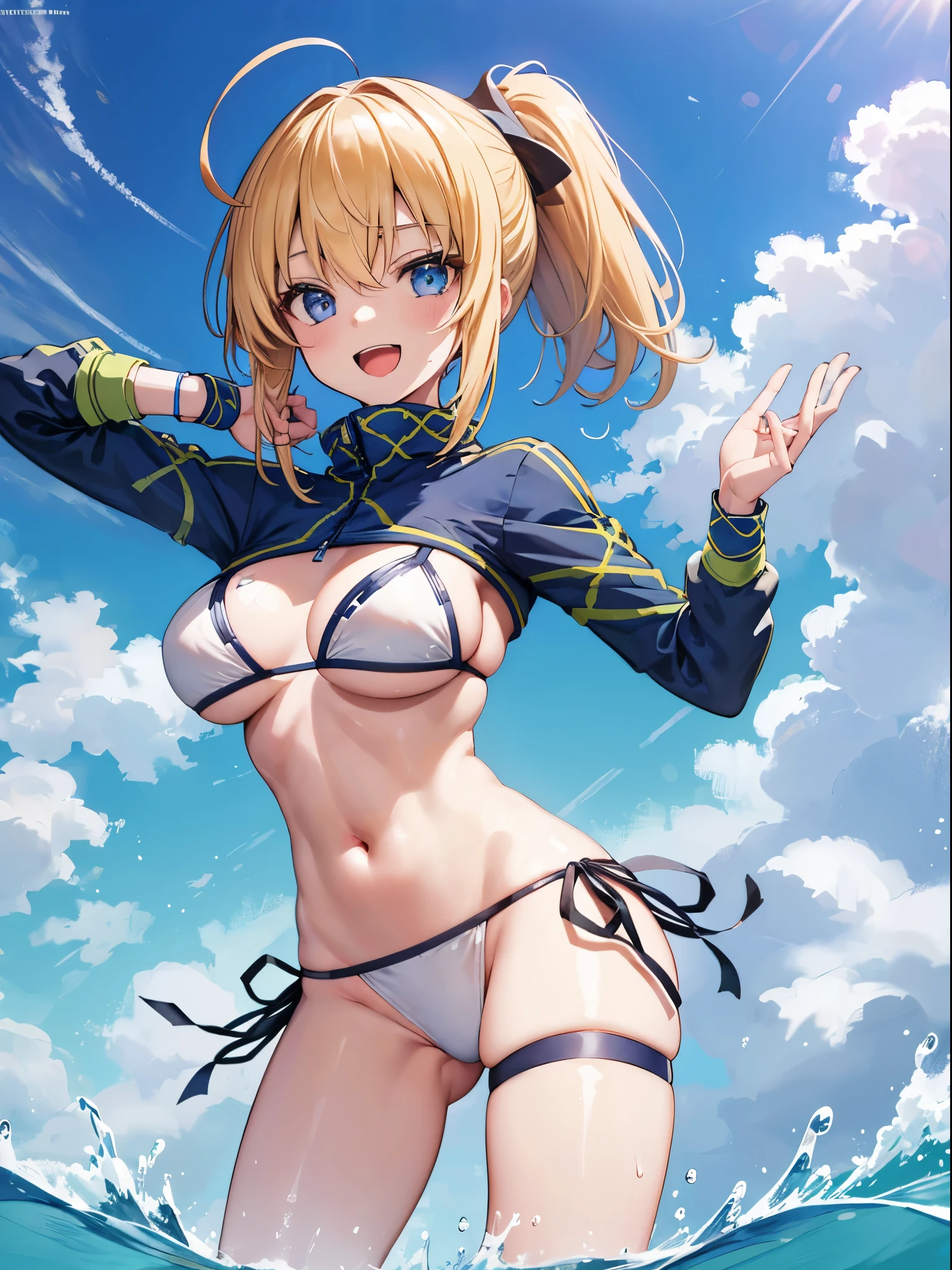 masterpiece,(ultra-detailed),1girl, mysterious heroine xx \(fate\), half_eyes,smile,open mouth, swimsuit, white bikini, side-tie bikini bottom, shrug \(clothing\), jacket, thigh strap, wristband, large_breasts, ocean, splashing,blonde_ponytail,open_legs,cap,happiness,