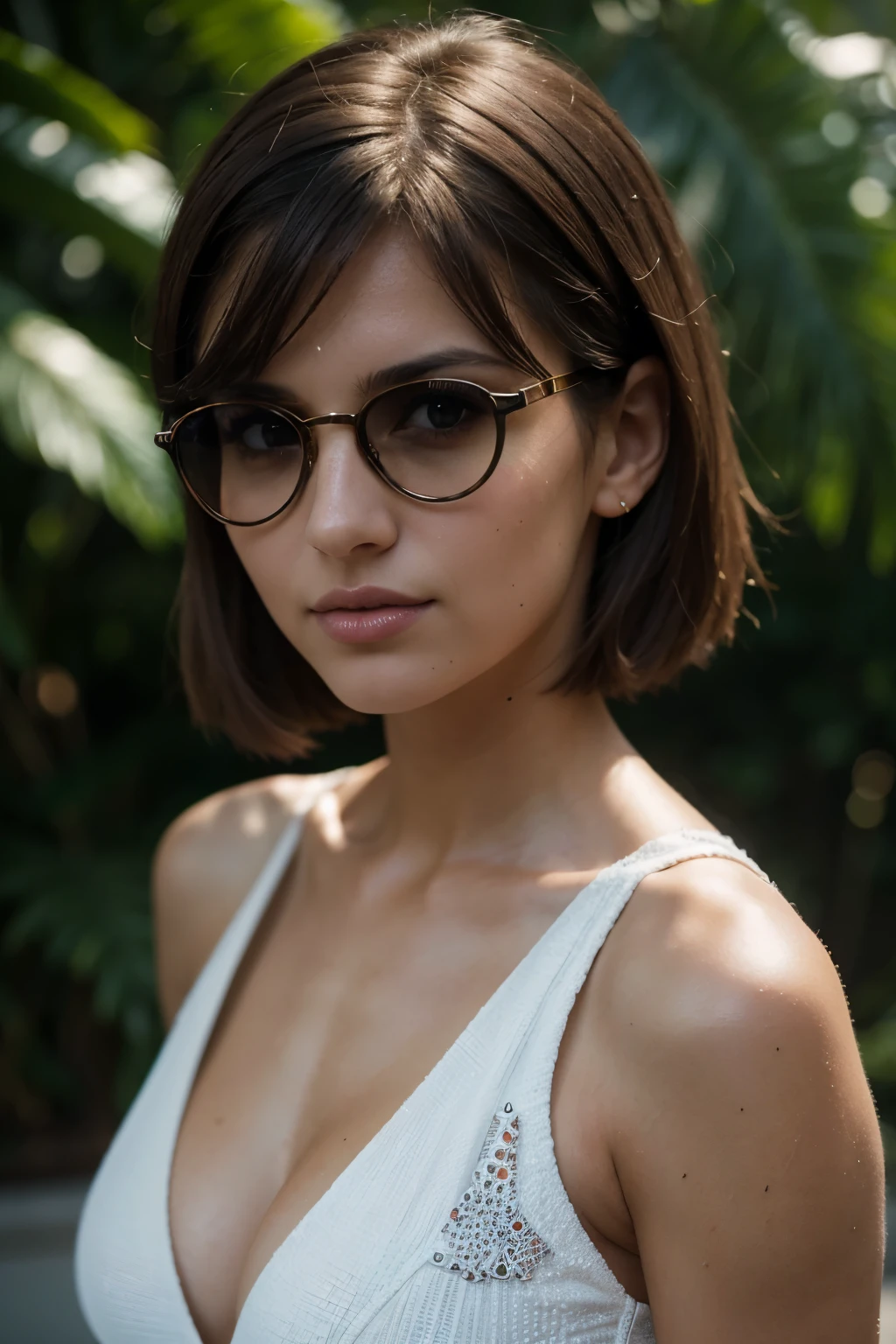 (((Anna Van der Vaart))), RAW photo, beautiful 26 y.o woman, cute face, very hot, wonderful goddess, shoulder-length black hair, bangs in front, brown eyes, bright colors, wearing massive white and multicolored geometric patterns sunglasses, Haute Couture, avant-garde, high fashion, extravagant, in the style of Vogue fashion, cinematic, blurred background, photorealistic octane render, HD 8K DSLR, sharp focus, depth of field