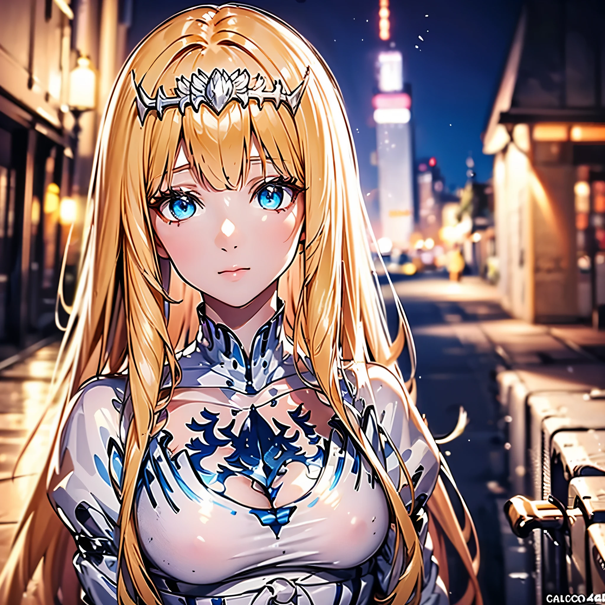 The final Stable Diffusion prompt is as follows：

"(best quality,4k,8k,highres,masterpiece:1.2),ultra-detailed,(realistic,photorealistic,photo-realistic:1.37),nighttime glow,detailed beautiful eyes:1.2),beautiful girl,slender,shiny skin,,inside the room,,full body, 1girl, Calca, blonde hair, extremely long hair, white tiara, tiara on her head, white dress, blue eyes, medium breasts