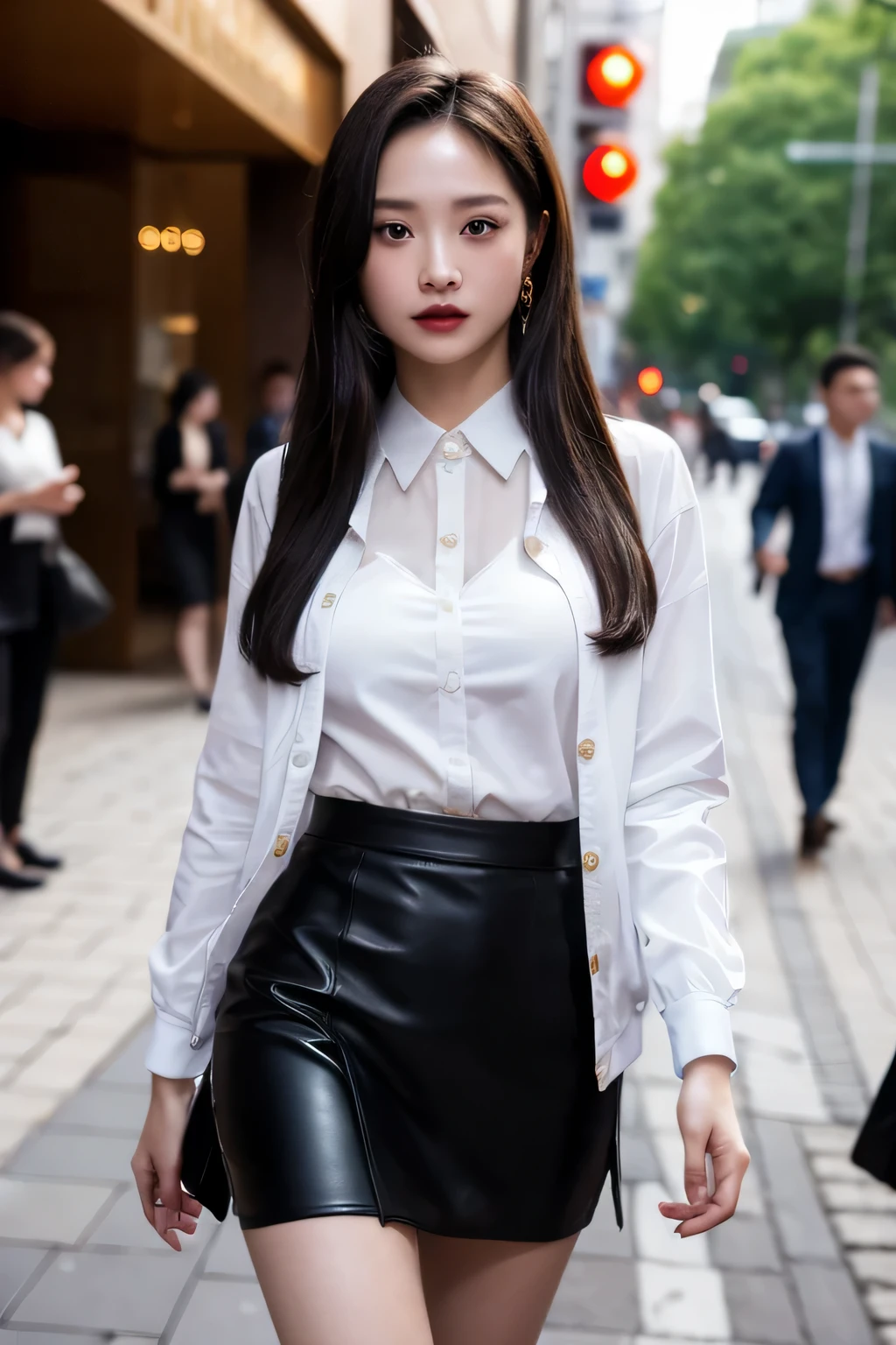 street,1girl,sexy pose,best quality,masterpiec8K,HDR,highresabsurdres:1.2,Kodak portra 400,film grain,blurrybokeh:1.2,lens flare,(vibrant color:1.2),looking at viewer,black skirt,black suit,white clothes,blurry background,