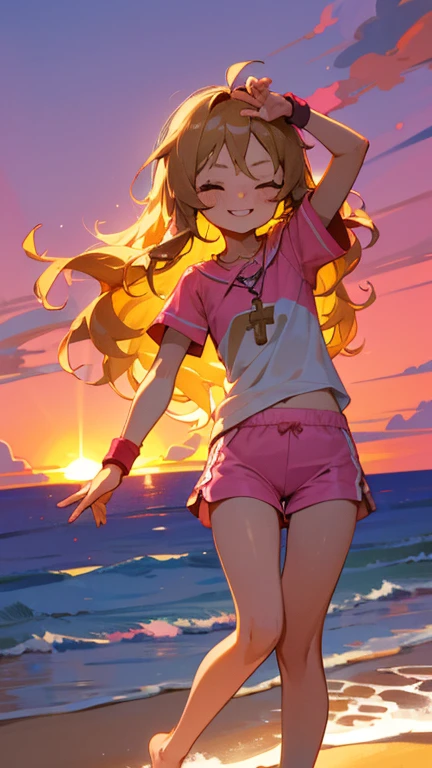 a cute 6 year old church girl named Zachary, both brownish blonde hair, long wavy hair, short sleeved white and pink sport jersey tshirt, pink shorts, cross necklace, sunrise, slight smile, wristbands, hand details, barefoot, showing toes, winking 