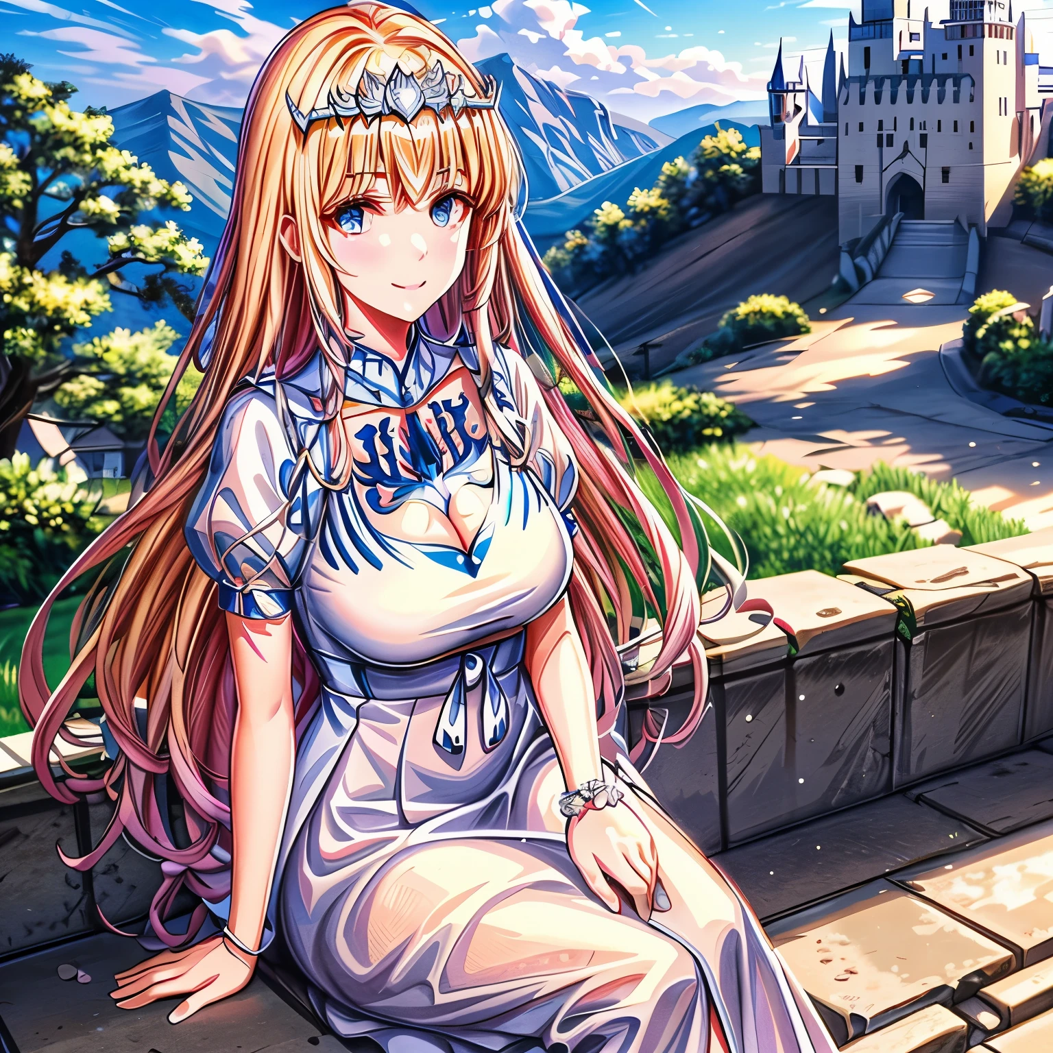 Best Quality, masterpiece,  , JSmile, wrist scrunchie, middle age castle background, Scrunchie, cleavage, , blush, 1angel, solo, Calca, Calca Bessarez, blonde hair, extremely long hair, very long hair, knee-length hair, dense hair, hair till the ground,  white tiara, white dress, blue eyes, medium chest, very huge white wings