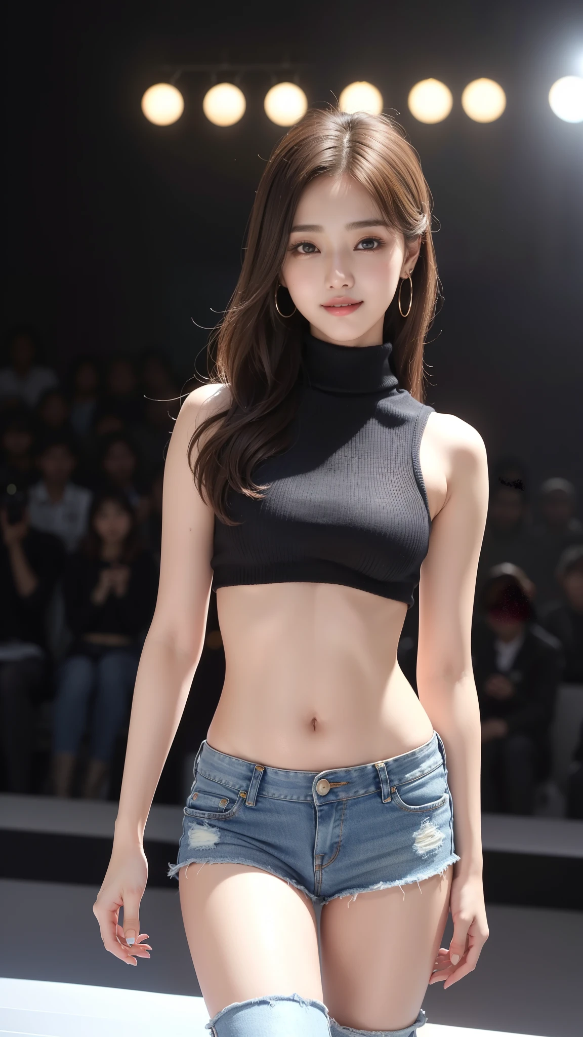 8k, table top, Raw photo, highest quality, realistic, Wallpapers with extreme details CG Unity 8k, Depth of the bounds written, cinematic light, Lens flare, ray tracing, (very beautiful face, beautiful lips, beautiful eyes), face with intricate details, ((ultra detail skin)) 1 girl, (Korean model Kim Da-eun, Dhoni), (Korean model Kim Da-eun, Dhoni), (Korean model Kim Da-eun, Dhoni), (Korean model Kim Da-eun, Dhoni), (Korean model Kim Da-eun, Dhoni),1 girl, ((look up at the audience)),(A big smile:1.3), (blurred background), faint light), (no people in the background.:1.3), beautiful earrings, clear eyes, front shot, (pale skin), (Big eyes), (Big eyes) (Big eyes), (Big eyes), (Big eyes), facing forward, (full body shot), (light brown hair), おopen the navel............, (look up at the audience:1.3), small hips, small hips,small hips, thin waist, small hips, ((wide open abdomen))、((open abdomen))、((wide open the navel))、((open the navel))、((naked belly))、((midriff sweater))、((Super low-rise、denim mini skirt))、 ((Navel exposed))、((small hips))、((full body description))、((small hips))、(boots)、((Super low-rise))、 ((denim tanding))、