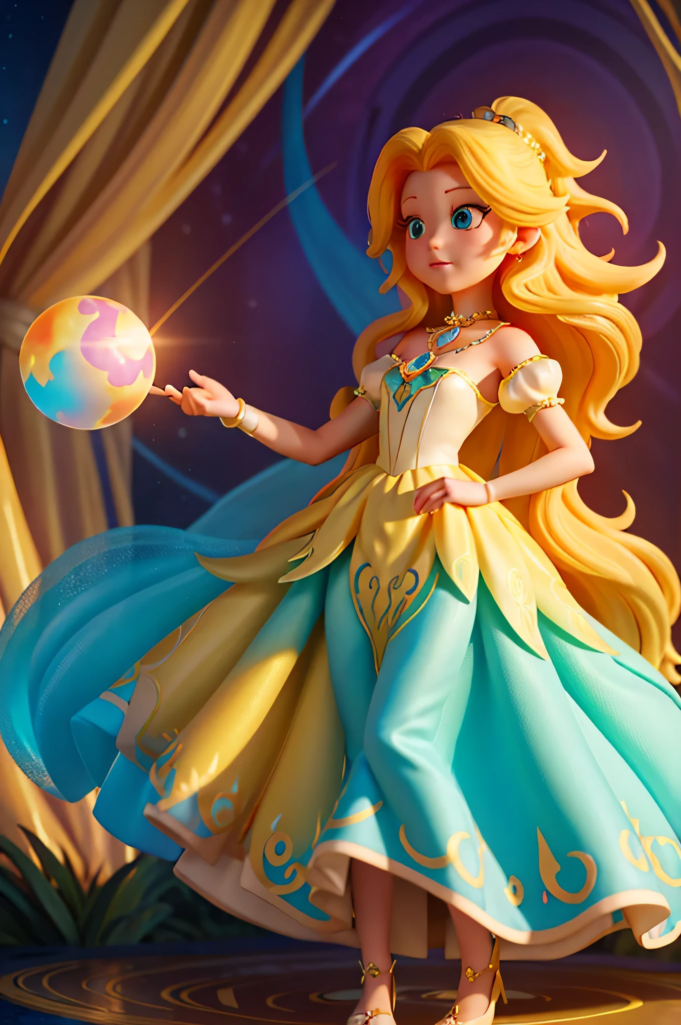 beautiful girl, puffy white layered ballgown, vibrant pastel colors, (colorful), long colorful liquid hair, magical lights, sparkling magical liquid, inspired by Glen Keane, inspired by Lois van Baarle, disney art style, by Lois van Baarle, glowing aura around her, by Glen Keane, jen bartel, glowing lights! digital painting, flowing glowing golden hair, glowing golden flowing hair, blonde hair, yellow hair, beautiful digital illustration, fantasia background, whimsical, magical, fantasy, ((masterpiece, best quality)), intricate details, highly detailed, sharp focus, 8k resolution, sparkling detailed eyes, liquid watercolor, holding a magic orb, crystal ball in her hand
