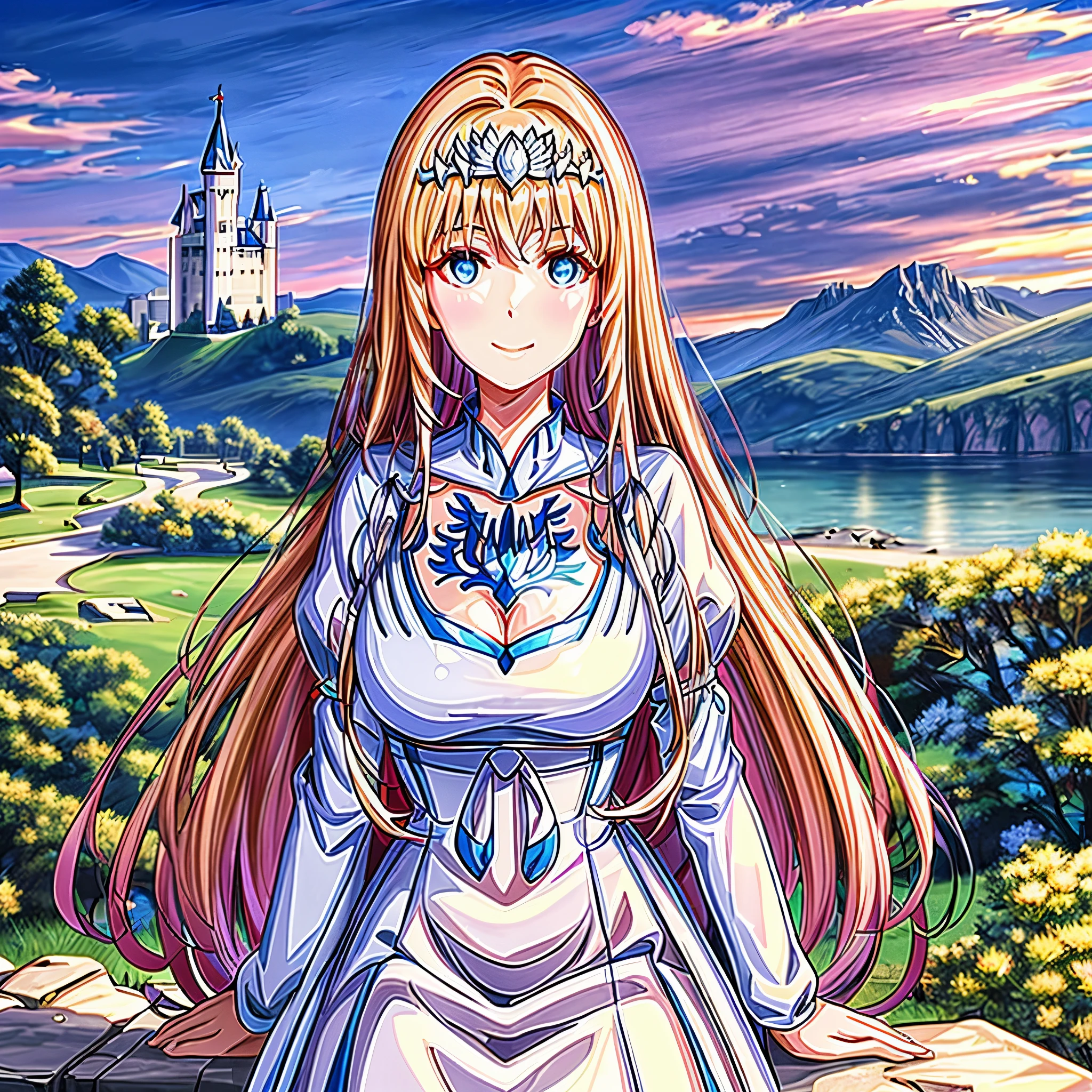 Best Quality, masterpiece,  , JSmile, wrist scrunchie, middle age castle background, Scrunchie, cleavage, , blush, 1angel, solo, Calca, Calca Bessarez, blonde hair, extremely long hair, very long hair, knee-length hair, dense hair, hair till the ground,  white tiara, white dress, blue eyes, medium chest, very huge white wings, (large amount of straight hair,extremely voluminous Very Long Straight Hair))