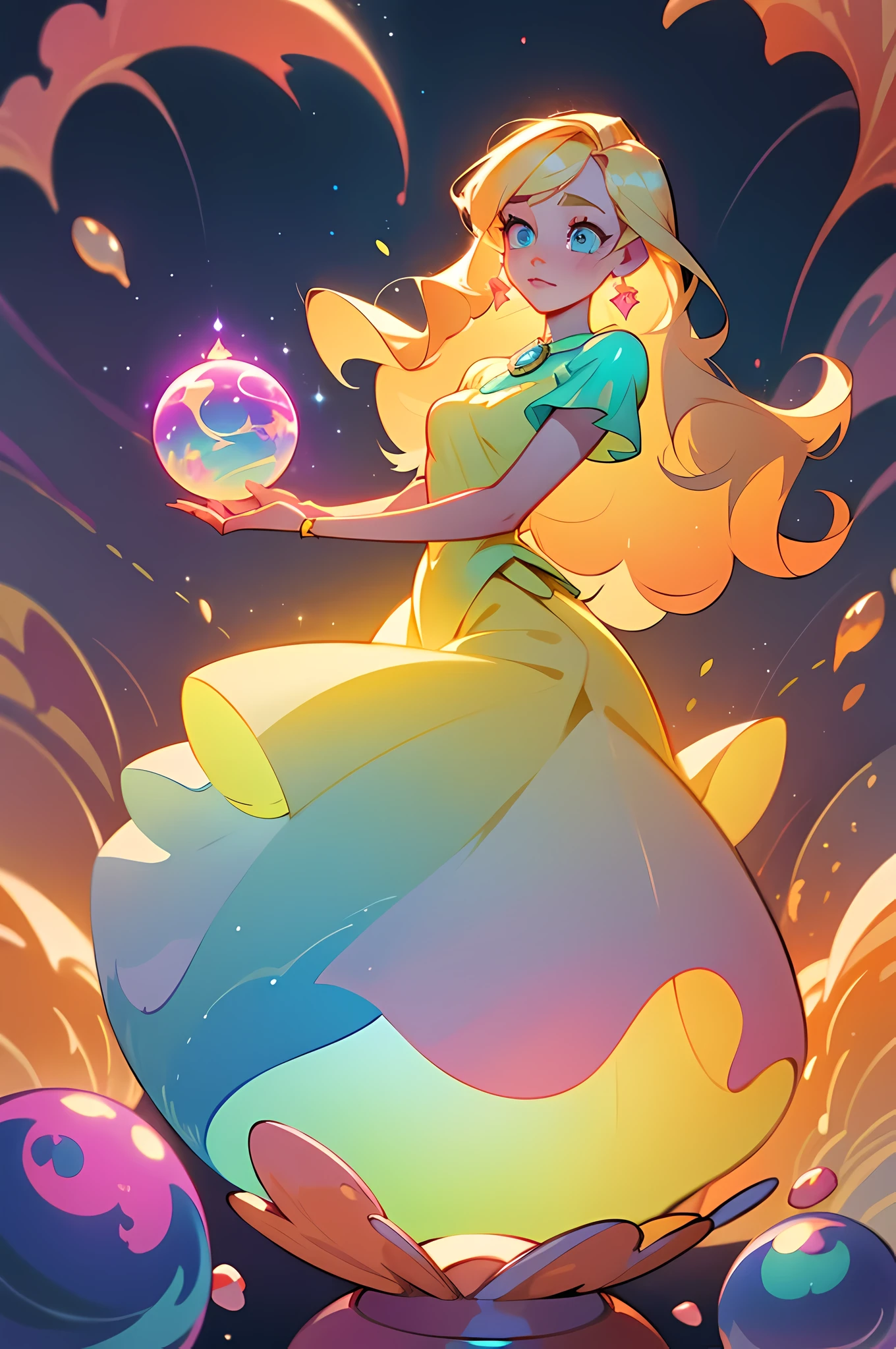 beautiful girl, puffy white layered ballgown, vibrant pastel colors, (colorful), long colorful liquid hair, magical lights, sparkling magical liquid, inspired by Glen Keane, inspired by Lois van Baarle, disney art style, by Lois van Baarle, glowing aura around her, by Glen Keane, jen bartel, glowing lights! digital painting, flowing glowing golden hair, glowing golden flowing hair, blonde hair, yellow hair, beautiful digital illustration, fantasia background, whimsical, magical, fantasy, ((masterpiece, best quality)), intricate details, highly detailed, sharp focus, 8k resolution, sparkling detailed eyes, liquid watercolor, holding a magic orb, crystal ball in her hand