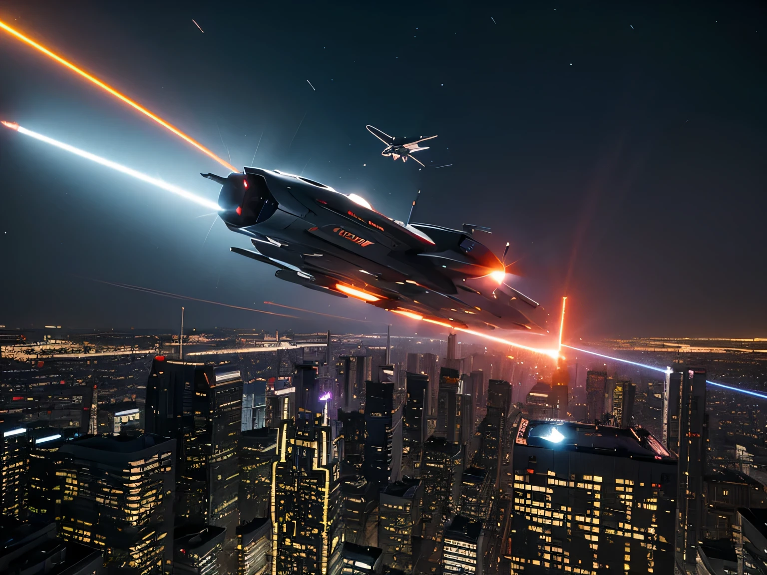 A high-tech spaceship wreaks havoc over a city,Laser weapons that appear in various science fiction movies are flying all over the sky,High-rise buildings were blown down,The building was knocked down。