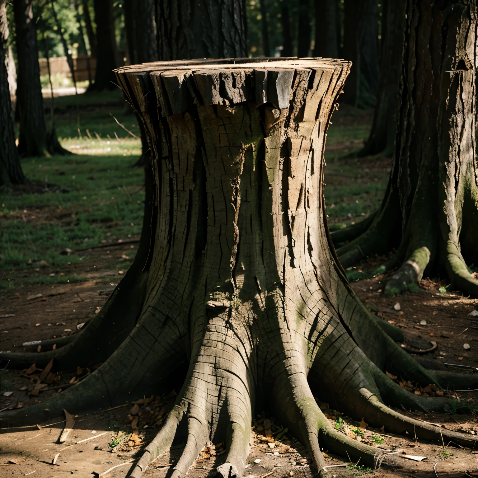 There is a tree stump with a bird on it in the woods - SeaArt AI