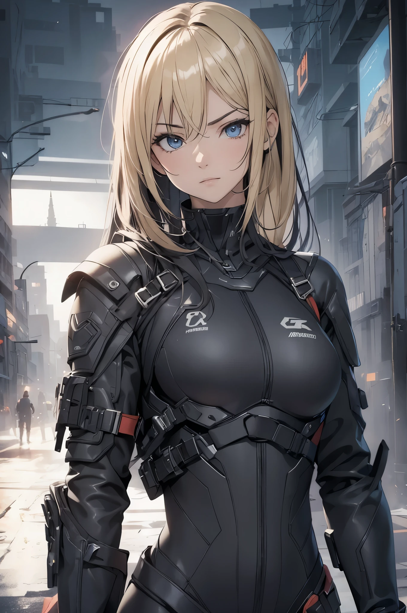 Combat suit, blonde hair, blue eyes