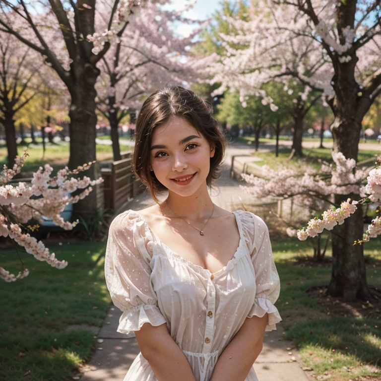 retro photography, 1960s , AGFA, Kodak, 1girl, portrait, looking_at_viewer, smile, Russia, Moscow, cherry blossom, octane render, solo