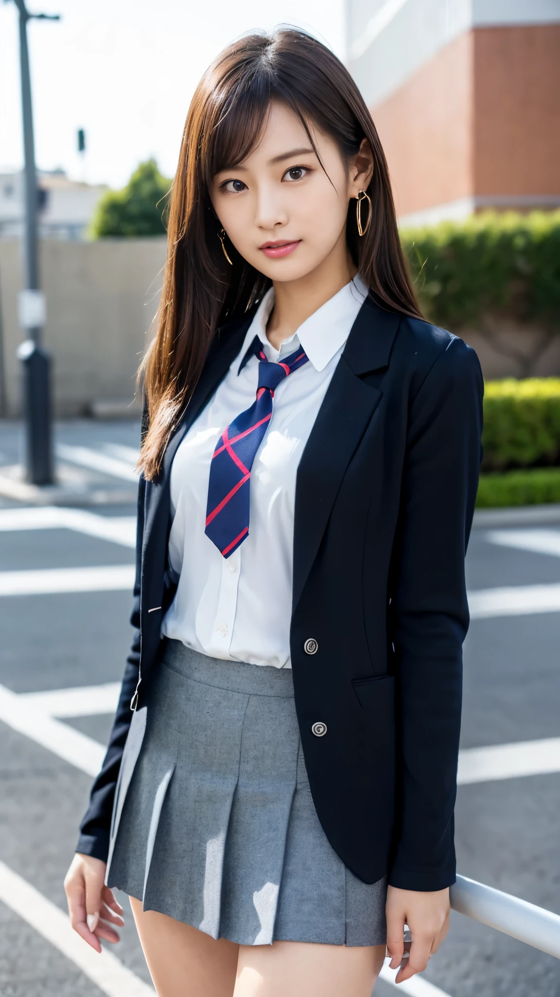 mix 4, (16k, Raw photo, best image quality, masterpiece: 1.45), (realistic, Photoreal: 1.37), tall girl, cute, cityscape,, professional lighting, photon mapping, school classroom, Physically based rendering, dark brown hair,ponytail hairstyle, well-groomed and beautiful eyes、((double eyelid))、super cute girl, (((school uniform、blazer、Long-sleeved shirts worn by Japanese high school girls、ribbon tie、dark blue mini skirt,、dark blue socks、black loafers))), highest quality photos, High resolution, 1080p, (clear face), (Detailed facial description), (detailed description of hands), (masterpiece), (Detailed CG)、extreme light and shadow、messy hair、master work、Rich details、(detailed facial features)、(highest quality photoasseter muscle part)、(detailed eye)、look in front of you、thin clavicle、((slender and big))、(((Japanese female students wear jackets and long-sleeved shirts)))、((neat idol))、((school gate、schoolyard、With the school building in the background))、(Take photos from random viewpoints)、(((cute like an idol)))、earrings、big smile、Draw the whole body from the knees、Do not draw fine lines、(((Sports bags used by Japanese female students)))、(Big big breasts with big drooping:1.2)、big firm butt、two arms、two legs、(((from the front:0.7)))、bare hands、(((symmetrical eyes)))、standing pose、please put your hands on the desk、Do not remove the tie from the jacket、raise your butt:1.5,Raw sex:1.5,