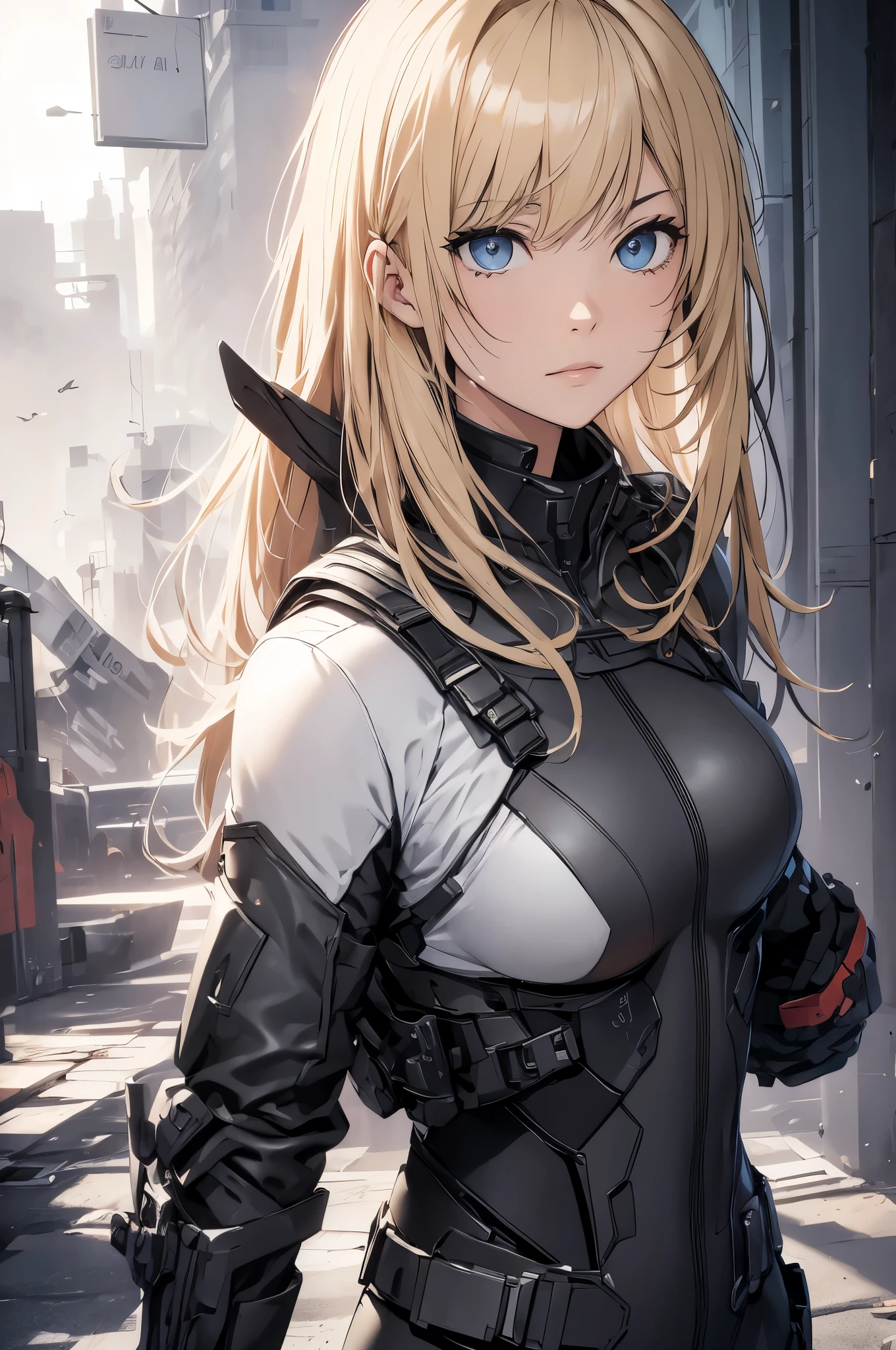 Combat suit, blonde hair, blue eyes