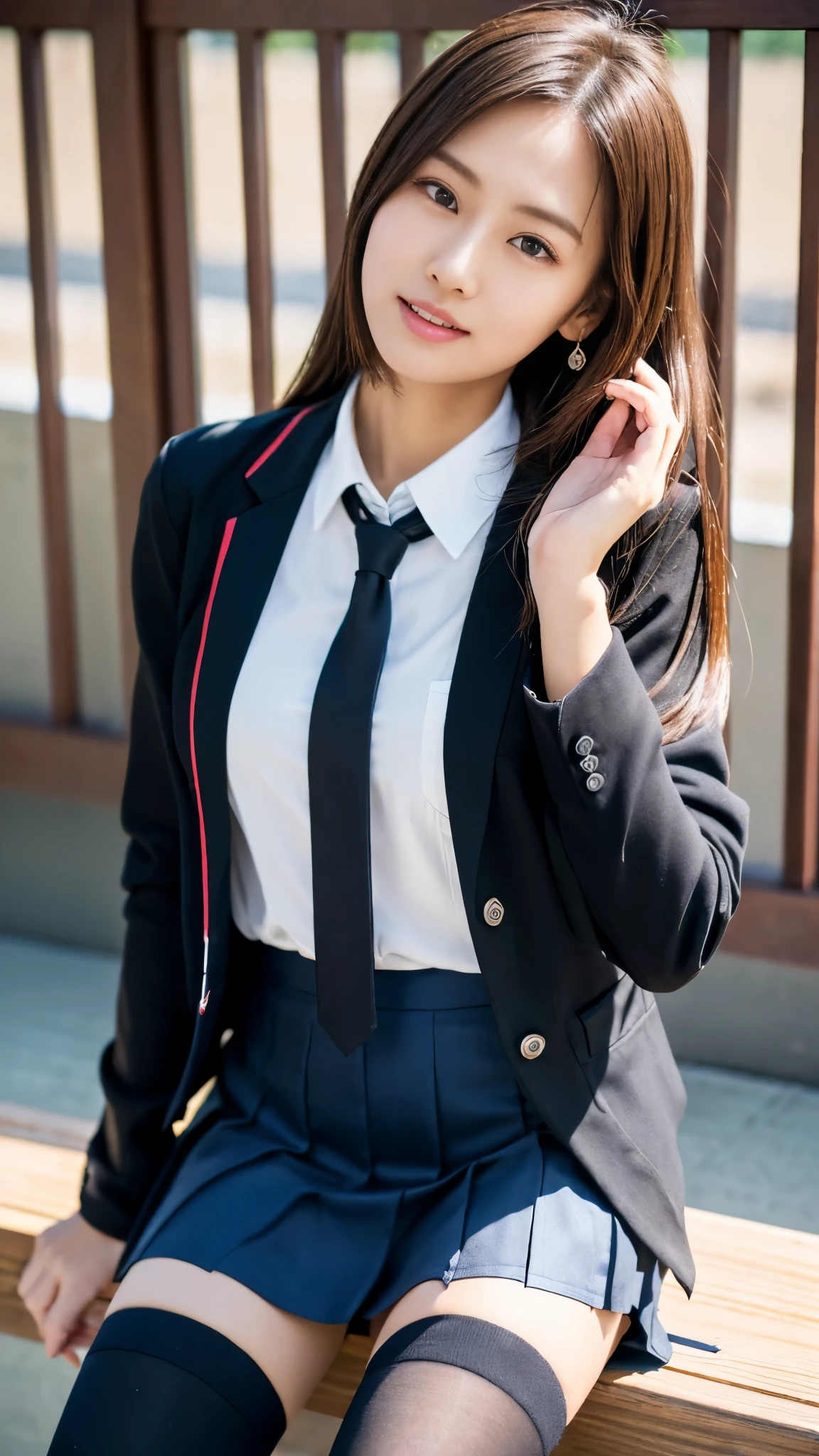 mix 4, (16k, Raw photo, best image quality, masterpiece: 1.45), (realistic, Photoreal: 1.37), tall girl, cute, cityscape,, professional lighting, photon mapping, school classroom, Physically based rendering, dark brown hair,ponytail hairstyle, well-groomed and beautiful eyes、((double eyelid))、super cute girl, (((school uniform、blazer、Long-sleeved shirts worn by Japanese high school girls、ribbon tie、dark blue mini skirt,、dark blue socks、black loafers))), highest quality photos, High resolution, 1080p, (clear face), (Detailed facial description), (detailed description of hands), (masterpiece), (Detailed CG)、extreme light and shadow、messy hair、master work、Rich details、(detailed facial features)、(highest quality photoasseter muscle part)、(detailed eye)、look in front of you、thin clavicle、((slender and big))、(((Japanese female students wear jackets and long-sleeved shirts)))、((neat idol))、((school gate、schoolyard、With the school building in the background))、(Take photos from random viewpoints)、(((cute like an idol)))、earrings、big smile、Draw the whole body from the knees、Do not draw fine lines、(((Sports bags used by Japanese female students)))、(Big big breasts with big drooping:1.2)、big firm butt、two arms、two legs、(((from the front:0.7)))、bare hands、(((symmetrical eyes)))、standing pose、please put your hands on the desk、Do not remove the tie from the jacket、raise your butt:1.5,Raw sex:1.5,