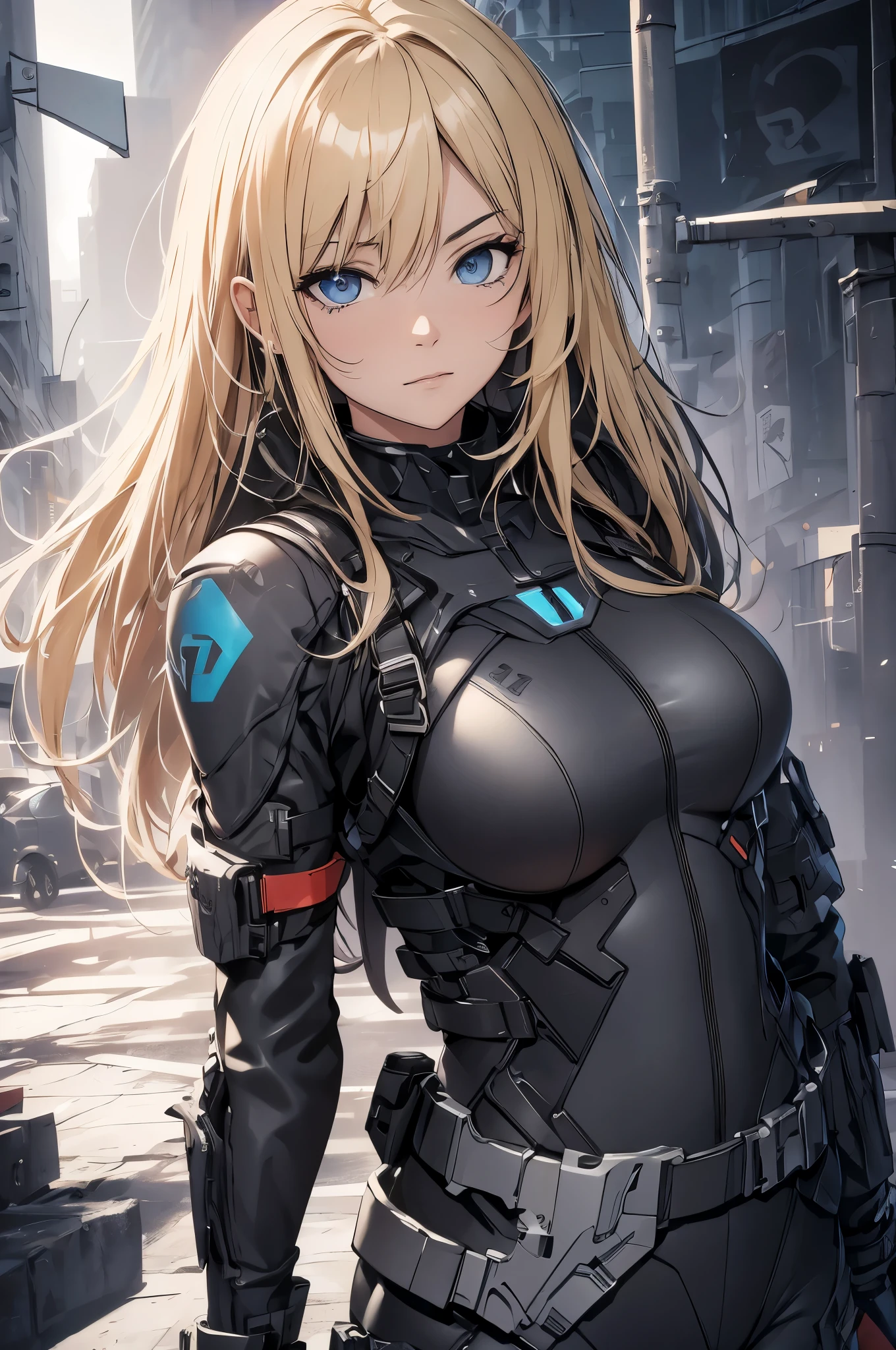 Combat suit, blonde hair, blue eyes