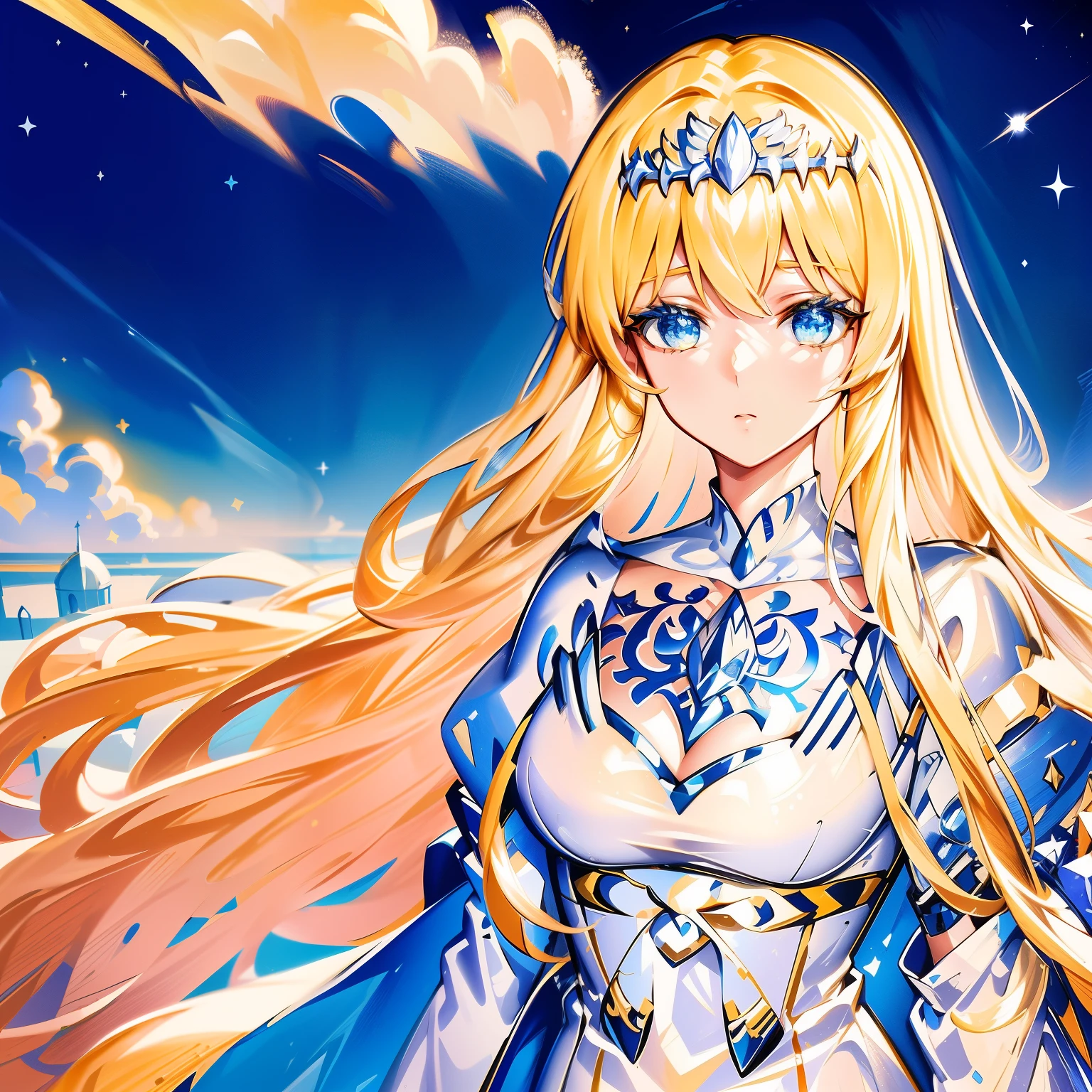 (masterpiece, best quality),  intricate details, 8k, artstation, sharp focus, 1girl, star guardian, (cool color theme),  1girl, Calca, blonde hair, extremely long hair, white tiara, tiara on her head, white dress, blue eyes, medium breasts