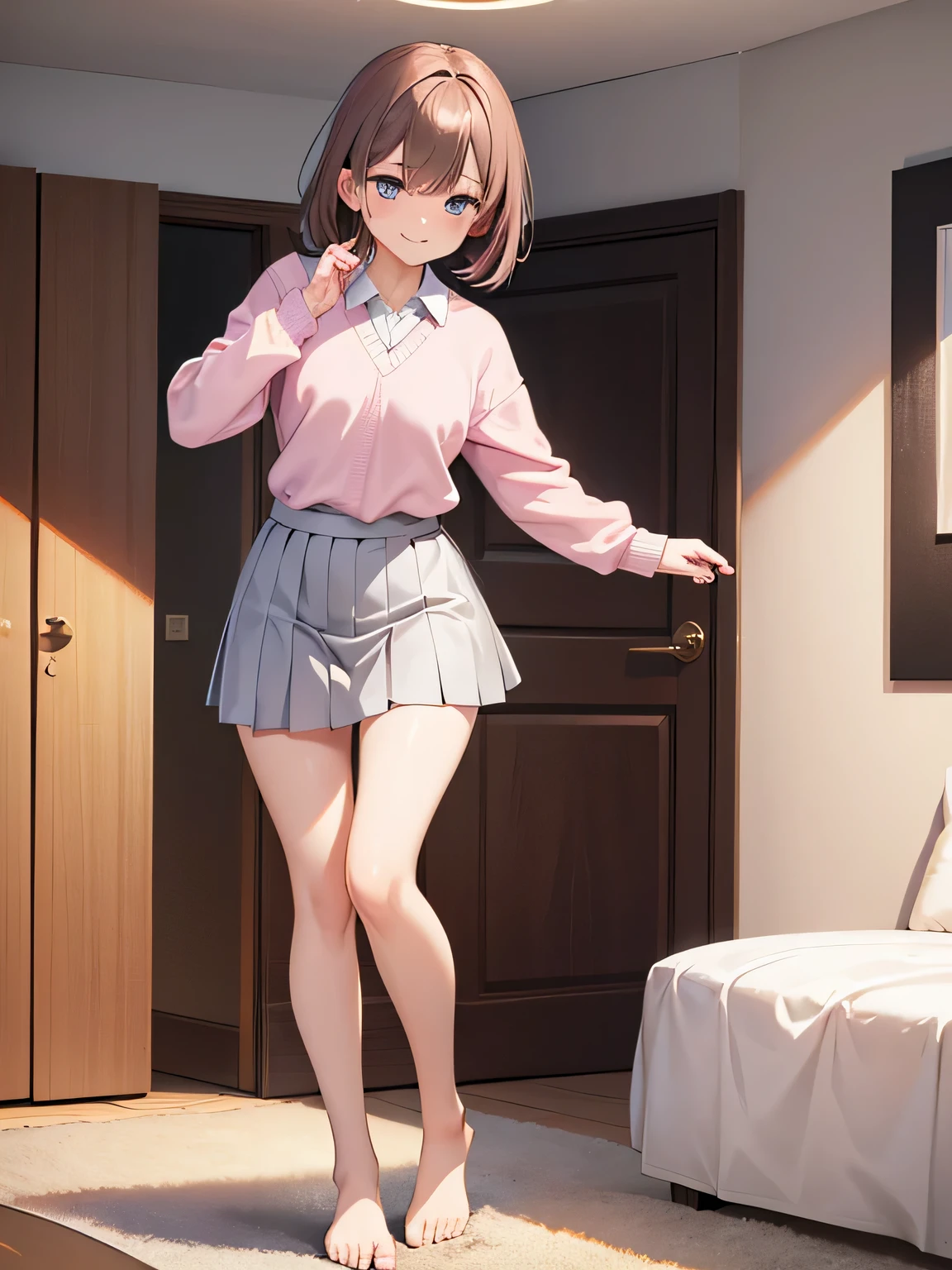 (1) there is one woman, She rolls up her skirt to show her beautiful legs,
(2) she is standing, I would like you to draw a picture of the whole body with legs visible.,
(3) Women wear white long-sleeved V-neck knitwear, White collared shirt inside, and a gray pleated miniskirt,
(4) The visible pants are pink with flashy patterns.,
(5) woman has short brown hair, shining eyes, and provocative, a grin on her face,
(6) The location is the living room of the apartment.,
(7) highest quality, High resolution, realistic pictures, realistic skin,