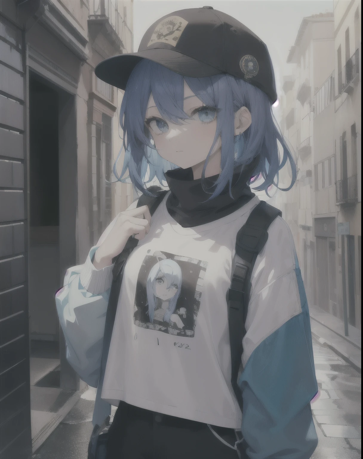 obra maestra,1 chica,solo,pelo largo,pelo azul,sudadera,fuera del hombro:1.2, gorra de mafia, calle,mano en la cadera, mano en el bolsillo, cabello color azul, Happy Birthday