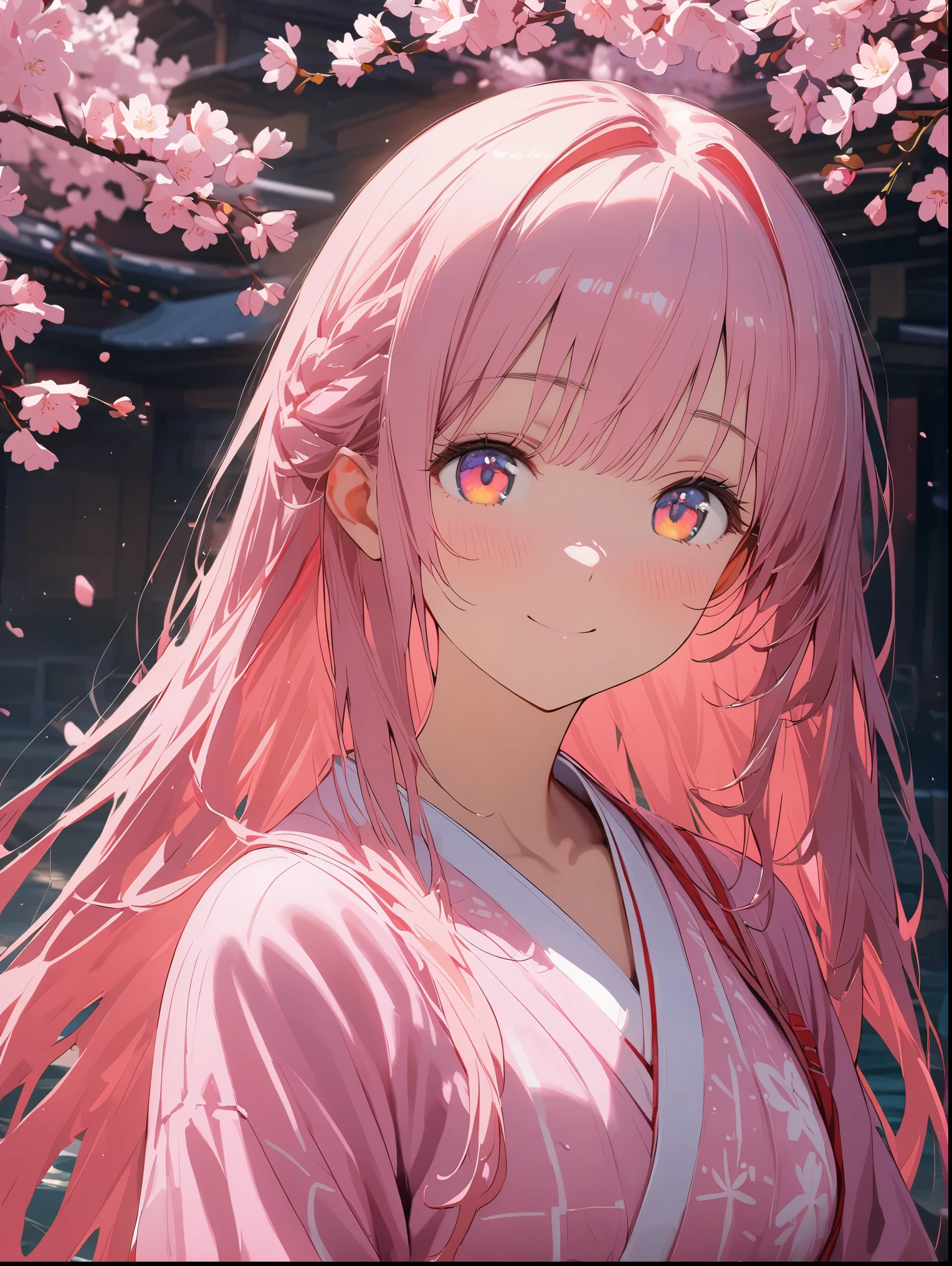 8K resolution, ((highest quality)), ((masterpiece)), ((Super detailed)), (andても繊細で美しい), beautiful girl, alone, gentle expression, 彼女はandても(relax)and(Calm)exterior, pink hair, written boundary depth, bright smile, young look, bright peach-colored eyes, 美しいpink hair, beautiful background, long hair, line drawing, pink kimono, Japan, Japan風, cherry blossomsのように輝く瞳, upper grade, wonderful eyes, cherry blossoms, cherry blossomsの木, cherry blossomsの花が舞っている, Upper body