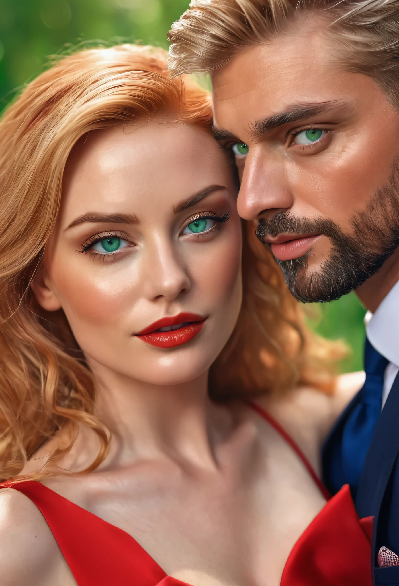"(ultra quality,realistic:1.37),detailed portrait,detailed skin,man in suit,blonde hair,green eyes,woman in sexy red dress,red hair,blue eyes,romantic scene"